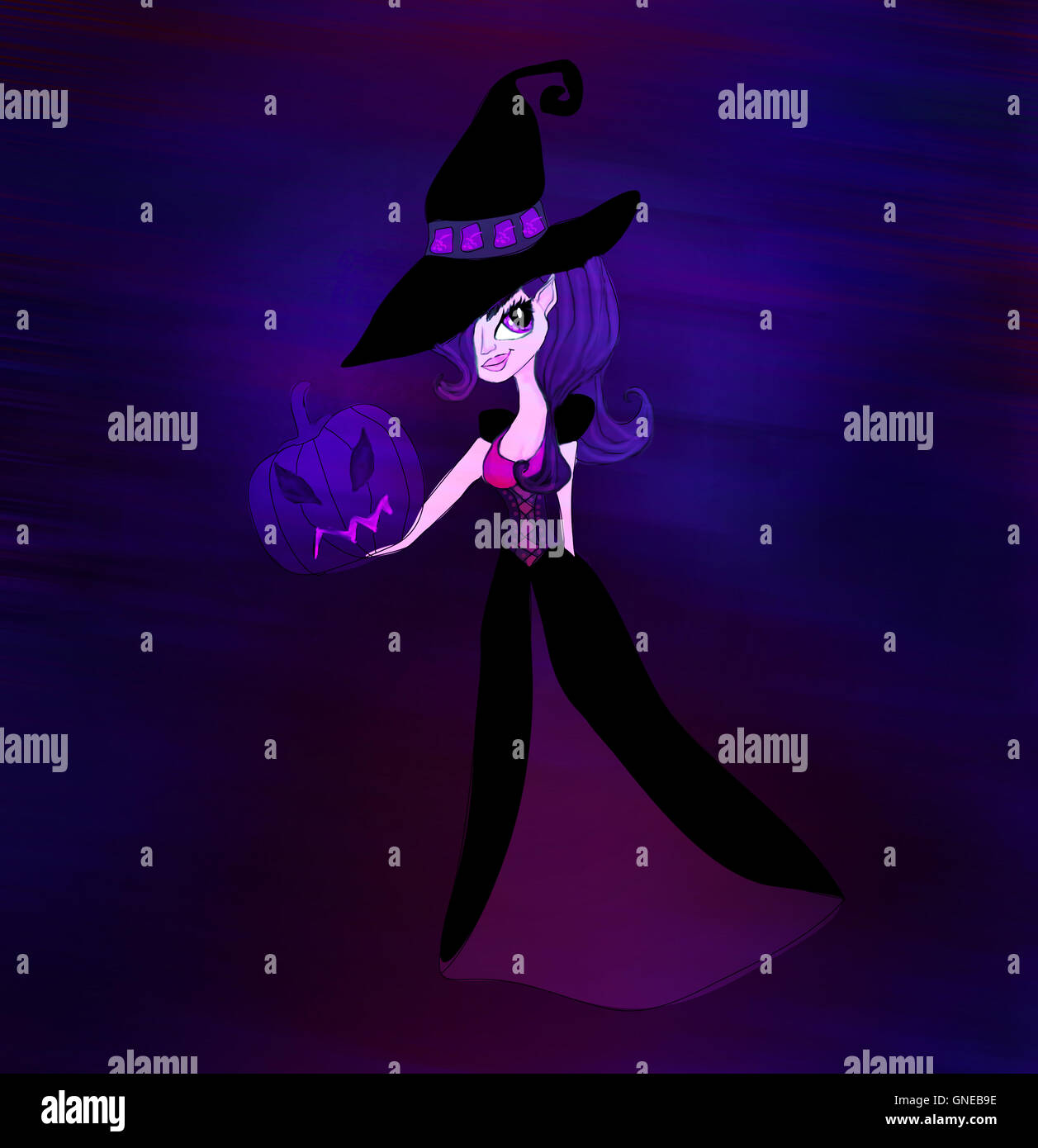 Halloween witch standing with pumpkins , raster Stock Photo - Alamy