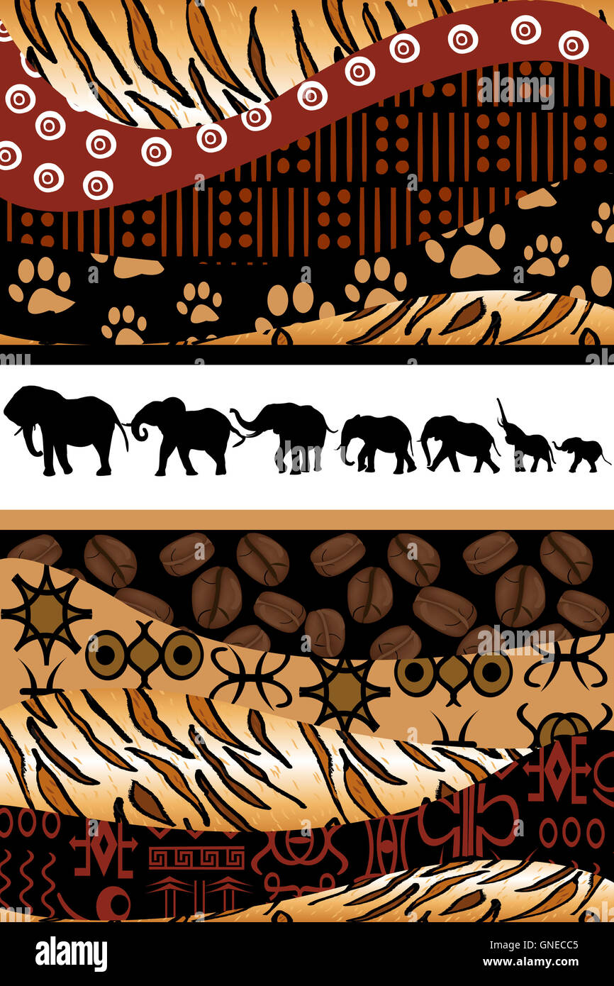 African background made of ethnic motifs and elephants silhouett Stock ...