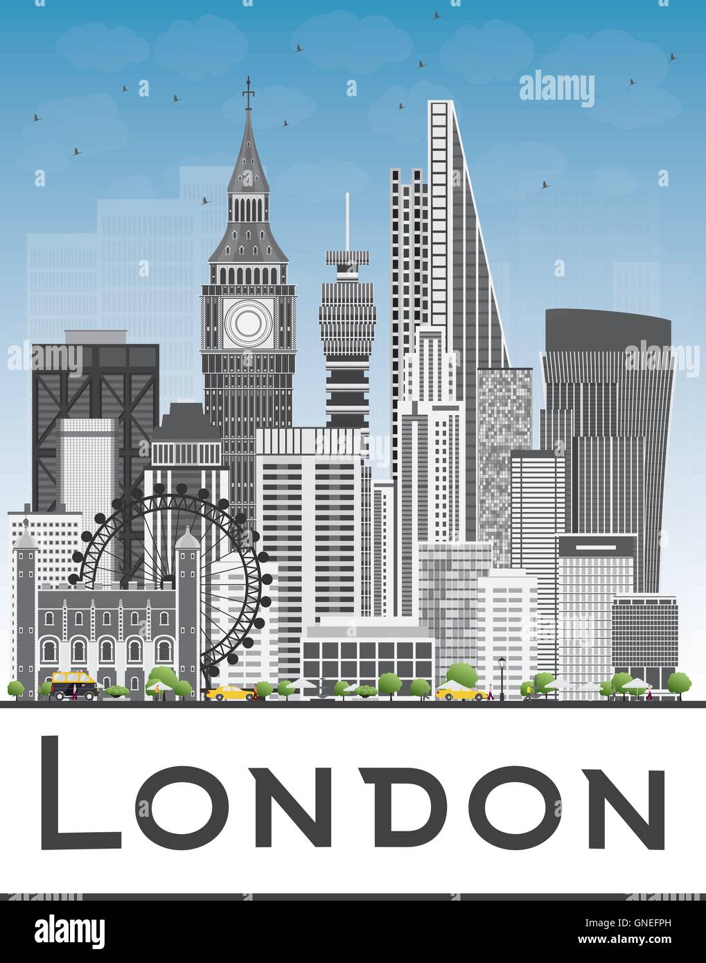 London Skyline with Gray Buildings and Blue Sky. Vector Illustration. Business Travel and Tourism Concept with Modern Buildings. Stock Vector