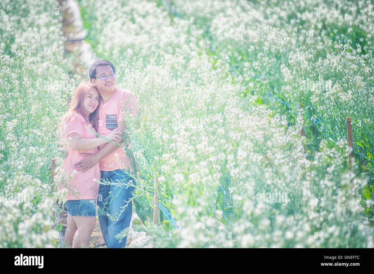 asia Young happy couple in the park on outdoor, love concept Stock Photo