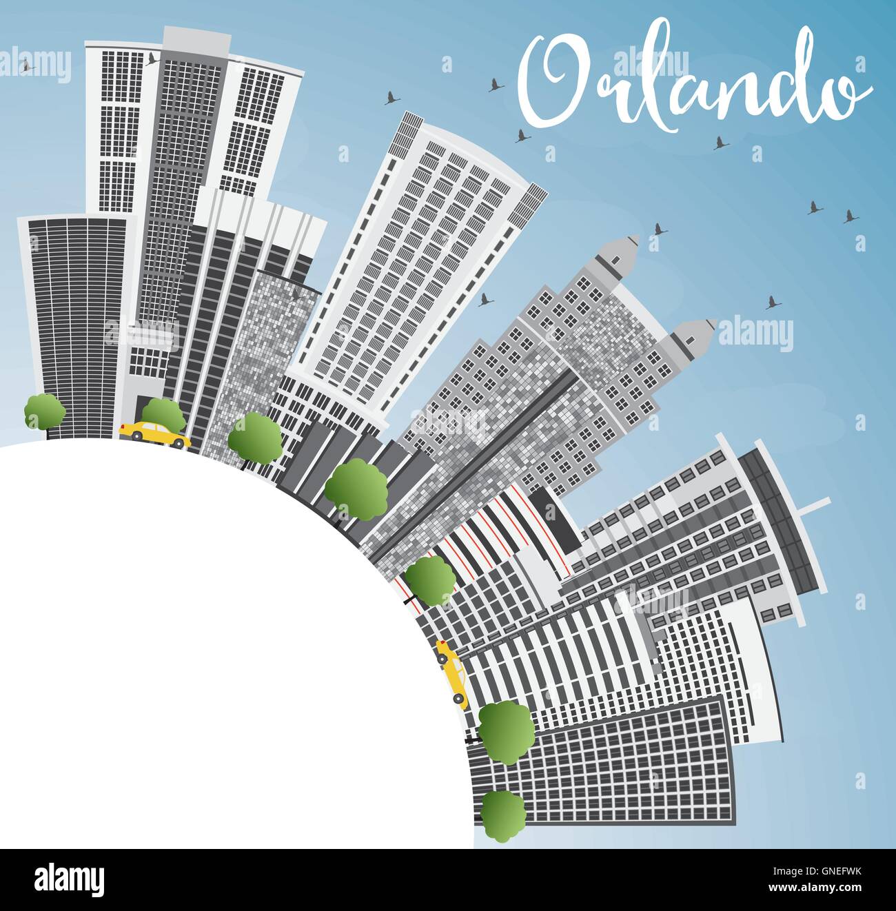 Orlando Skyline with Gray Buildings, Blue Sky and Copy Space. Vector Illustration. Business Travel and Tourism Concept Stock Vector