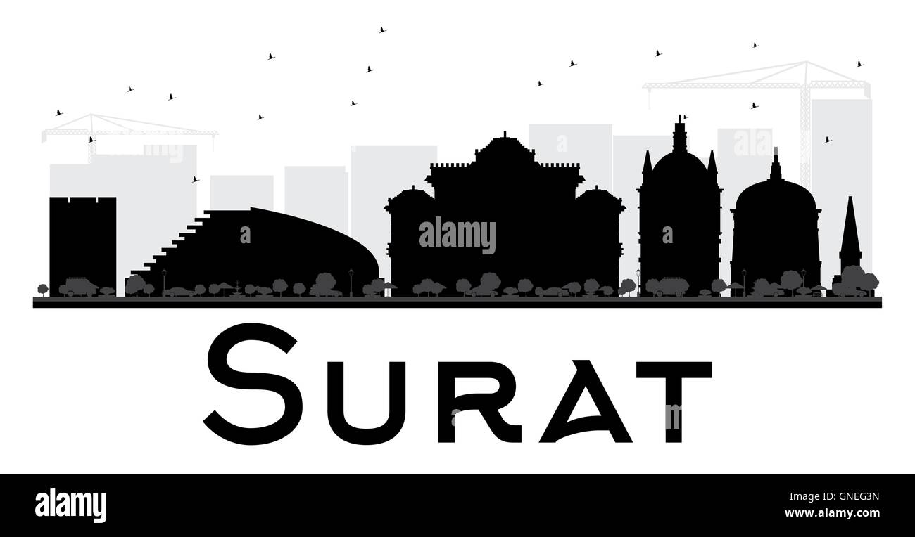 Surat City skyline black and white silhouette. Vector illustration. Simple flat concept for tourism presentation, banner Stock Vector