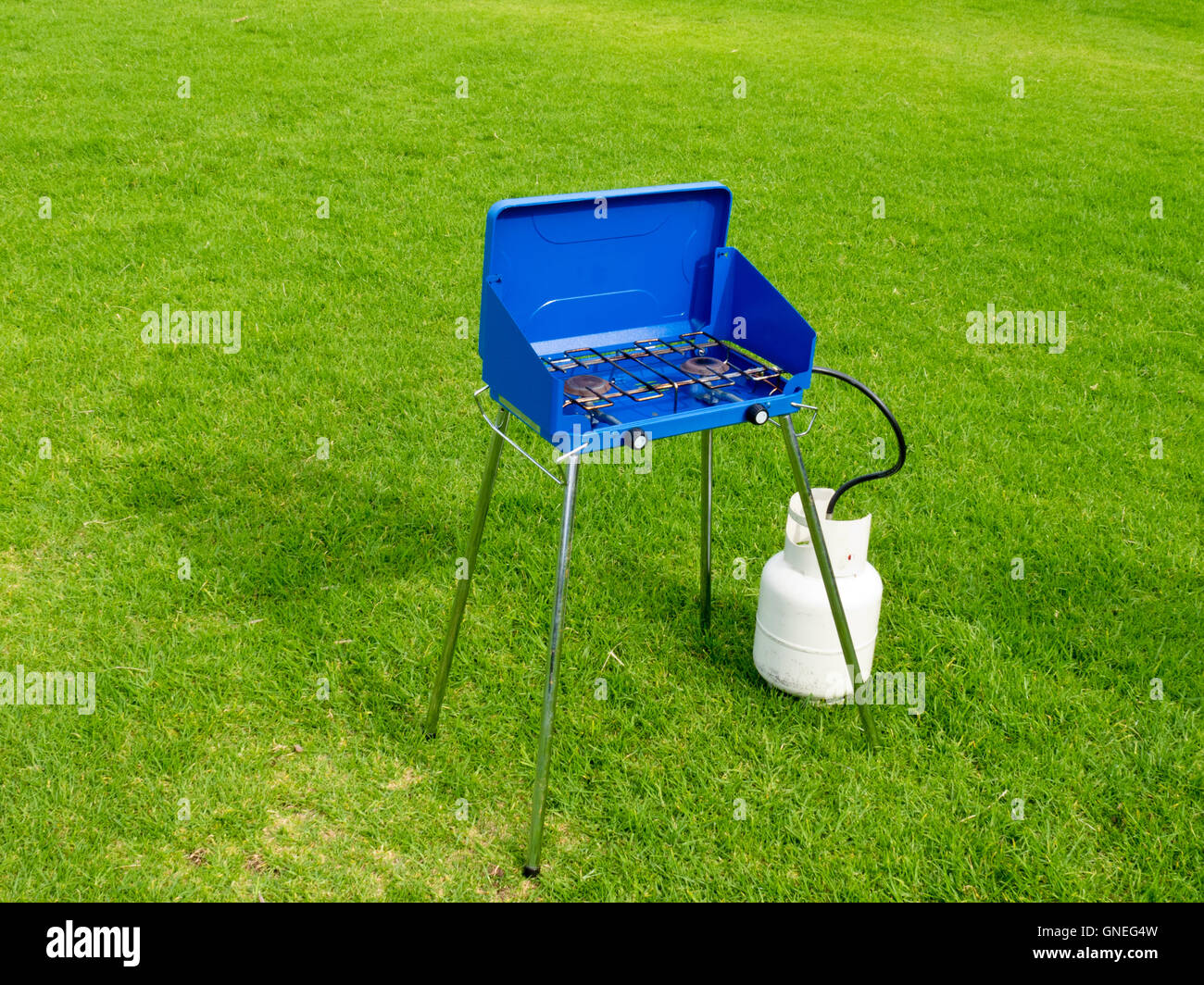 Small two flame gas cook stove on green lawn Stock Photo Alamy