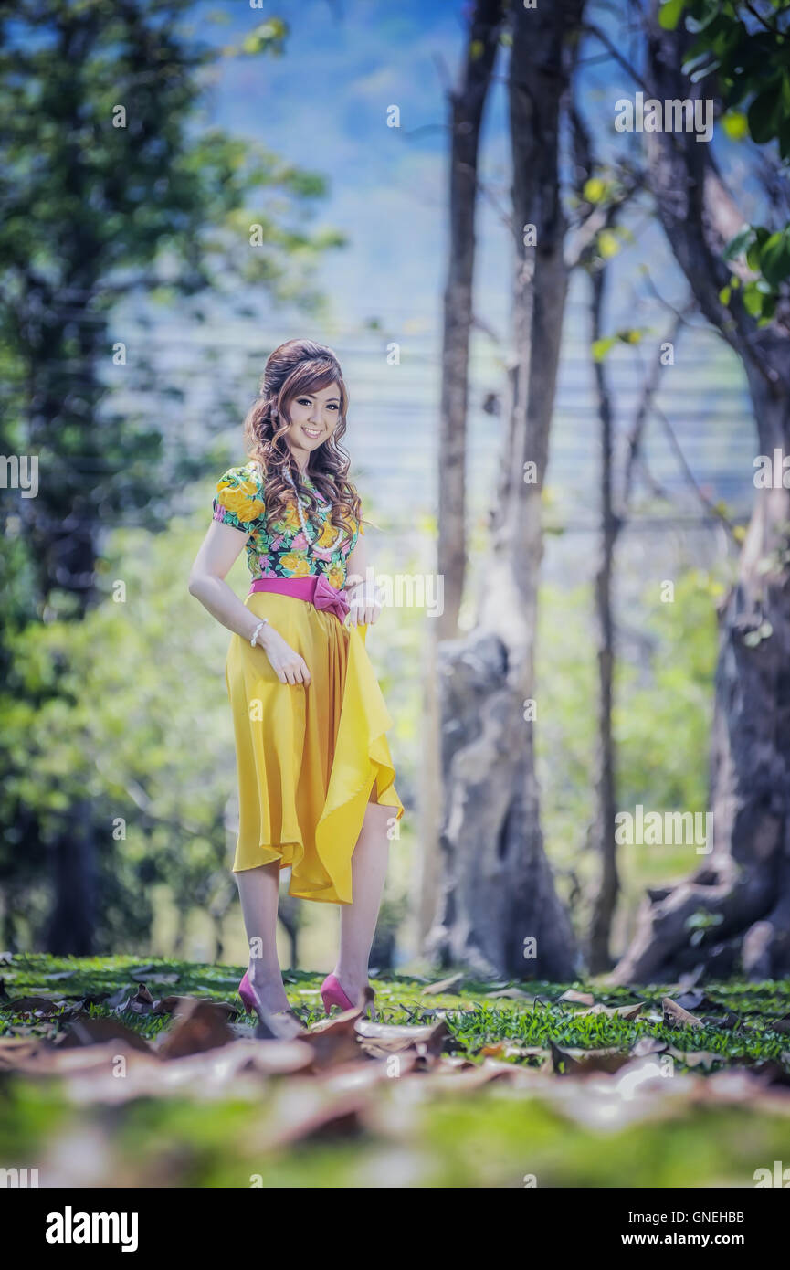 asia beautiful girl in the yellow dress on nature Stock Photo - Alamy