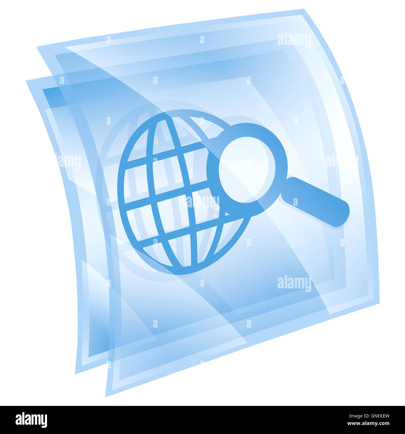 magnifier and globe icon blue square, isolated on white backgrou Stock ...