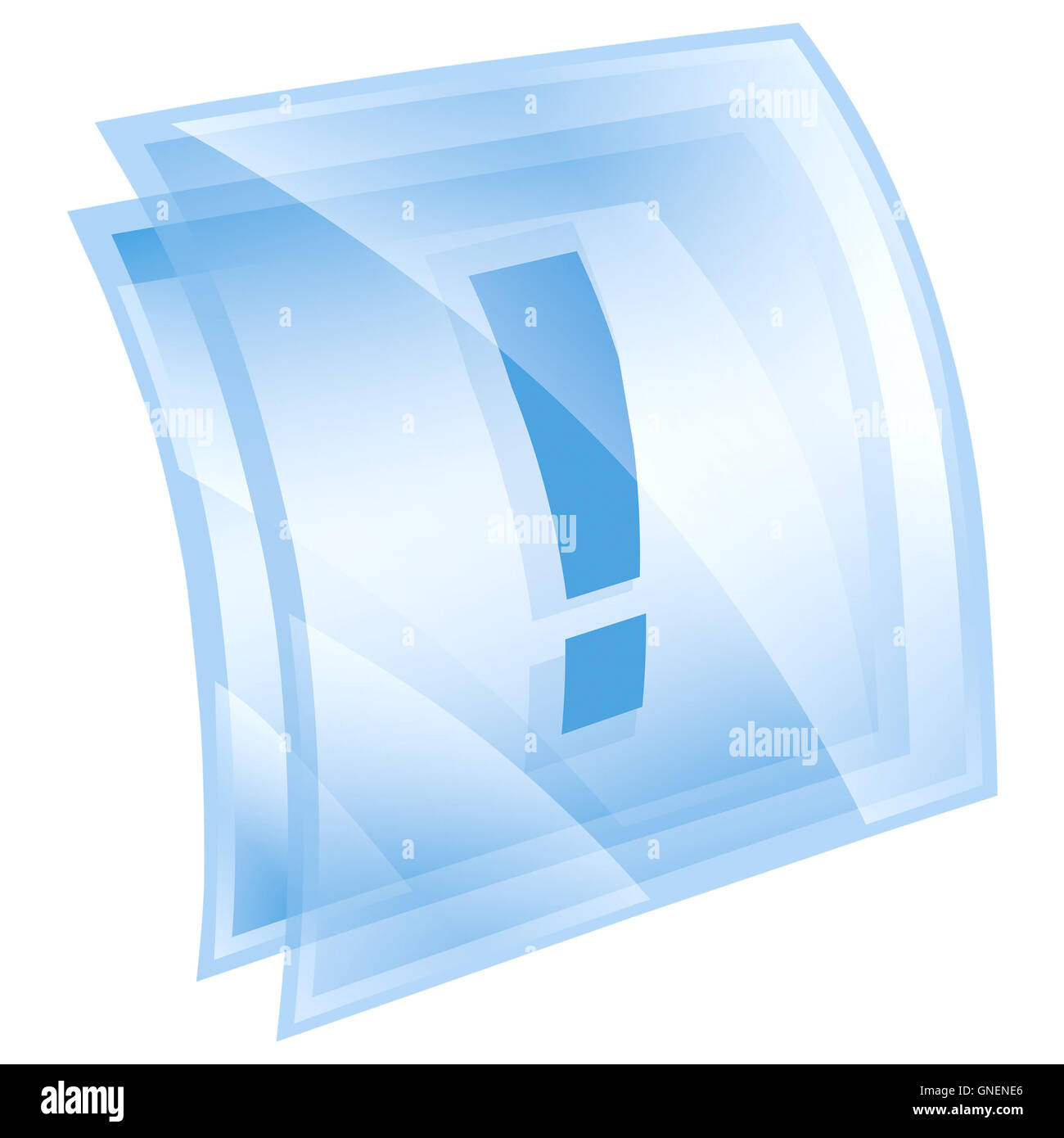 Exclamation symbol icon blue square, isolated on white backgroun Stock Photo