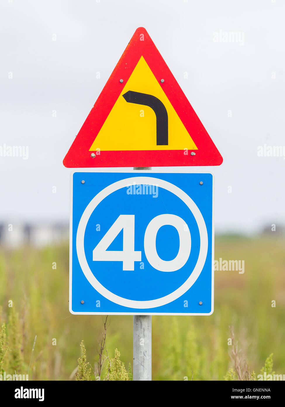 Curve with advisory speed limit in Iceland Stock Photo