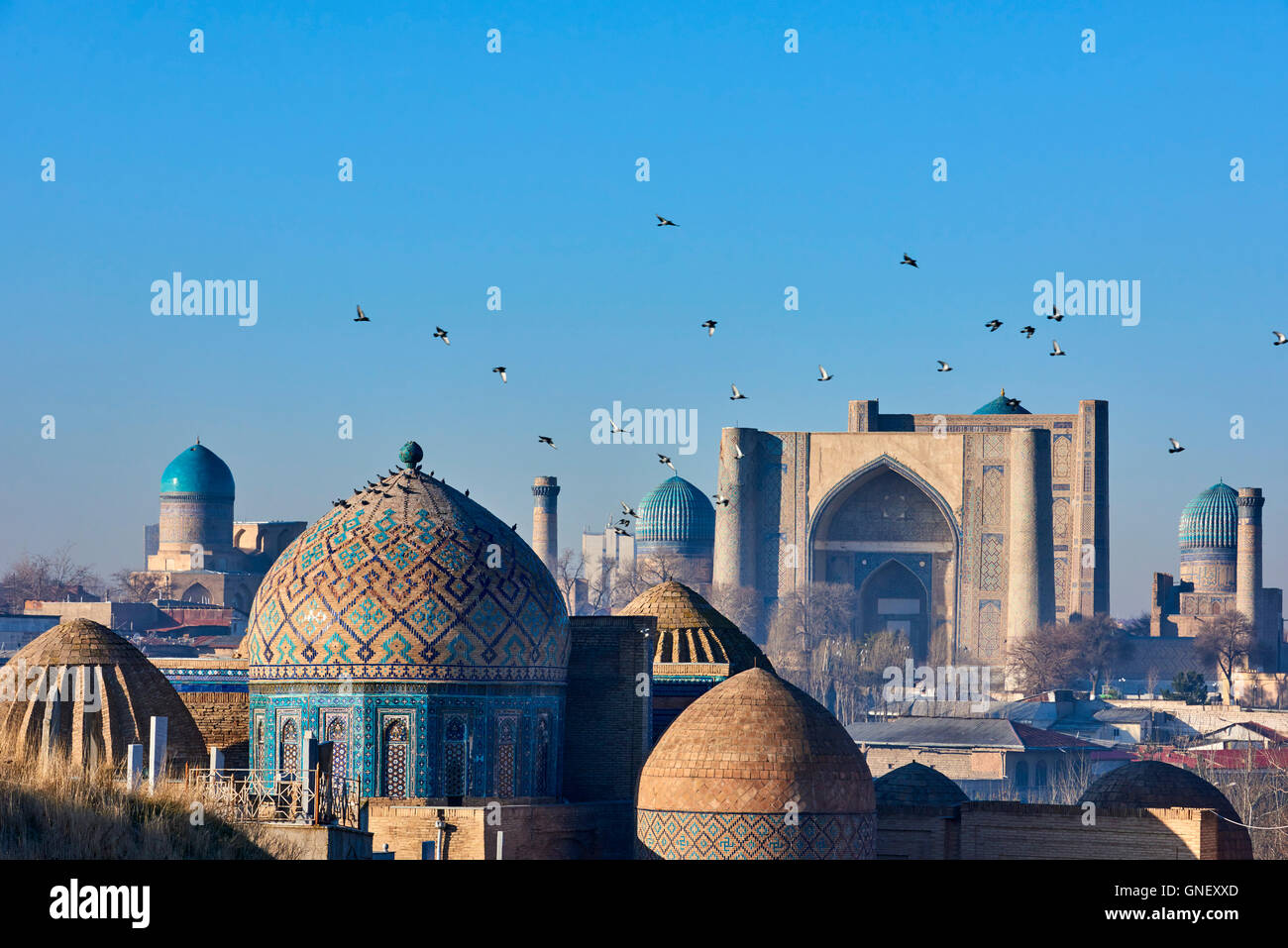 Uzbekistan, Samarkand, Unesco World Heritage, the Reghistan, Shah i Zinda mausoleum, Bibi Khanoum mosque Stock Photo