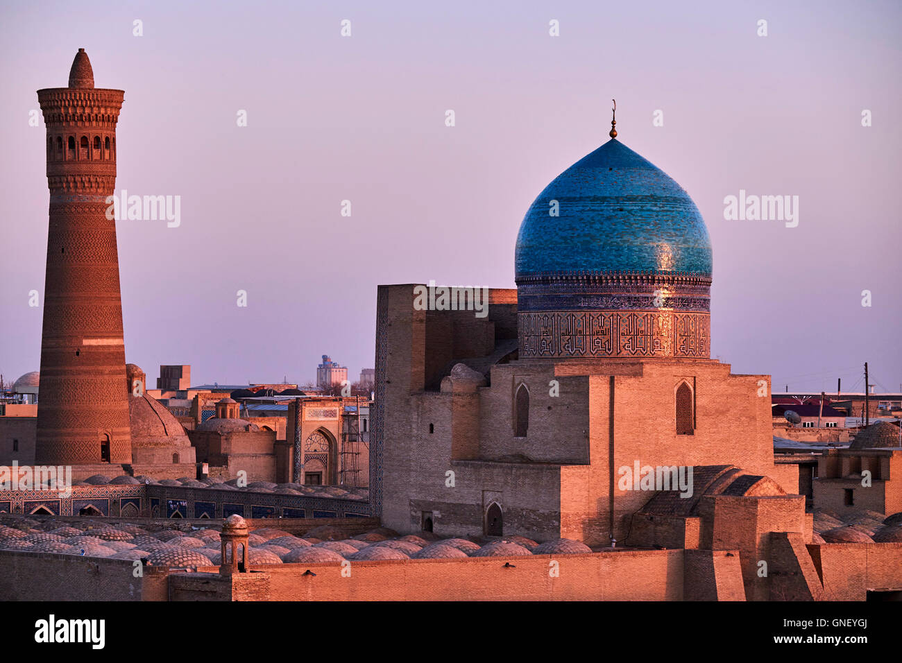 Uzbekistan, Bukhara, Unesco world heritage, Kalon mosque and minaret, Madrasah Mir I Arab Stock Photo