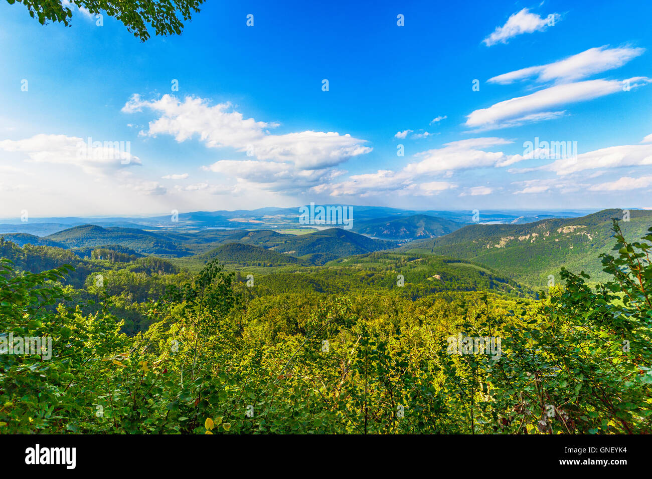 Mountain valley with Danube in background, natural summer landscape Stock Photo