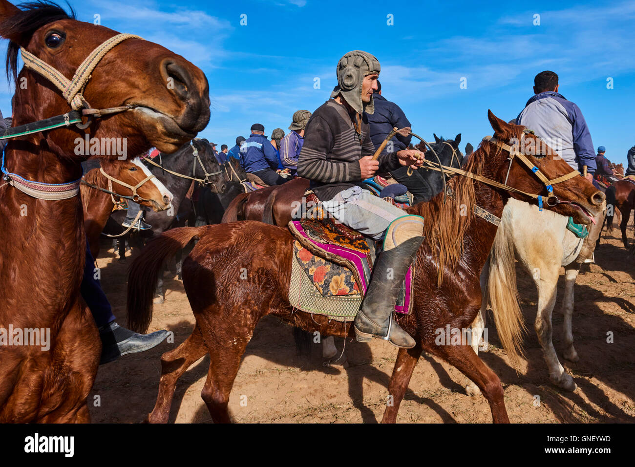 Uzbekistan, Kachka Daria province, Buzkashi, horsemen fighting for a ...