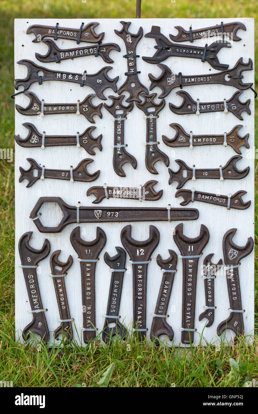 Display of different sized spanners on board at Great Dorset Steam Fair, Tarrant Hinton, Dorset in August Stock Photo