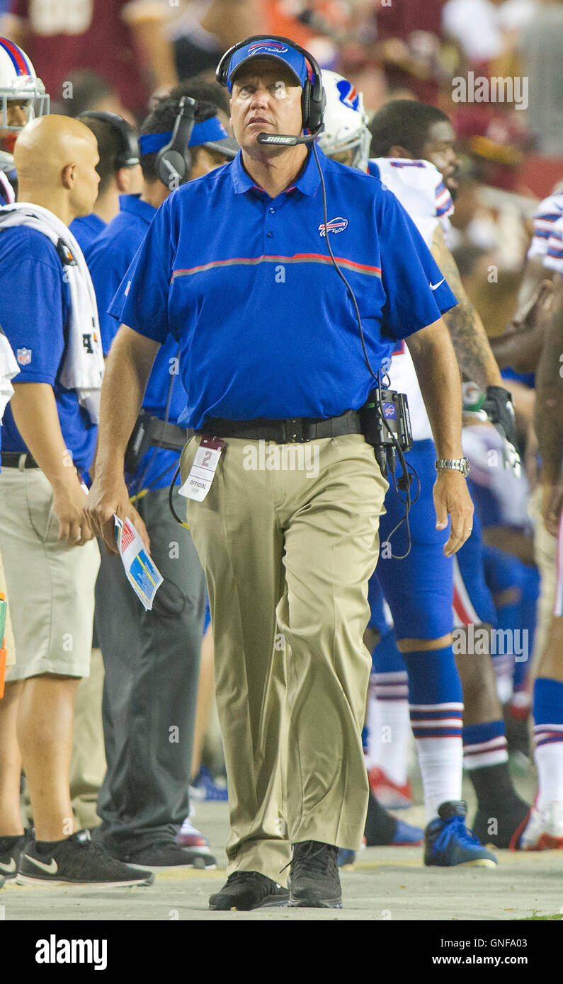 Buffalo Bills head coach Rex Ryan questions an official's call during the  second quarter of the pre-season game against the Washington Redskins at  FedEx Field in Landover, Maryland on Friday, August 26