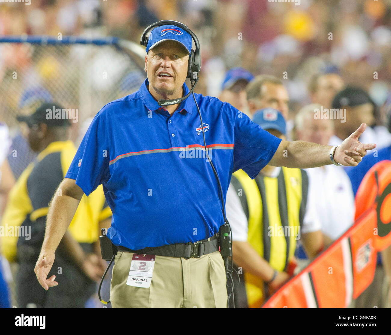 Buffalo Bills head coach Rex Ryan questions an official's call during the  second quarter of the pre-season game against the Washington Redskins at  FedEx Field in Landover, Maryland on Friday, August 26,