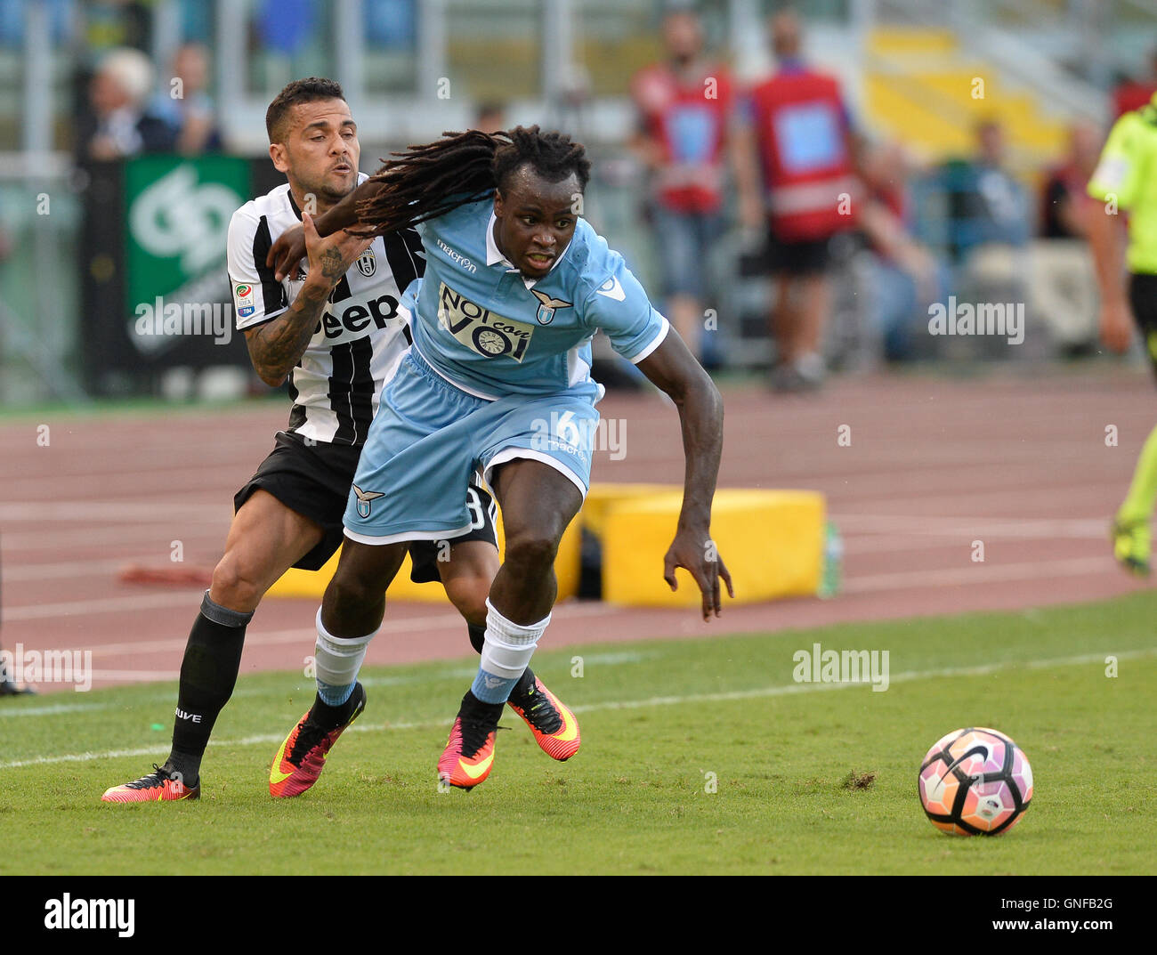 Dani Alves and  Jordan Lukaku during the Italian Serie A football match between S.S. Lazio and F.C. Juventus at the Olympic Stadium in Rome, on august 27, 2016. Stock Photo