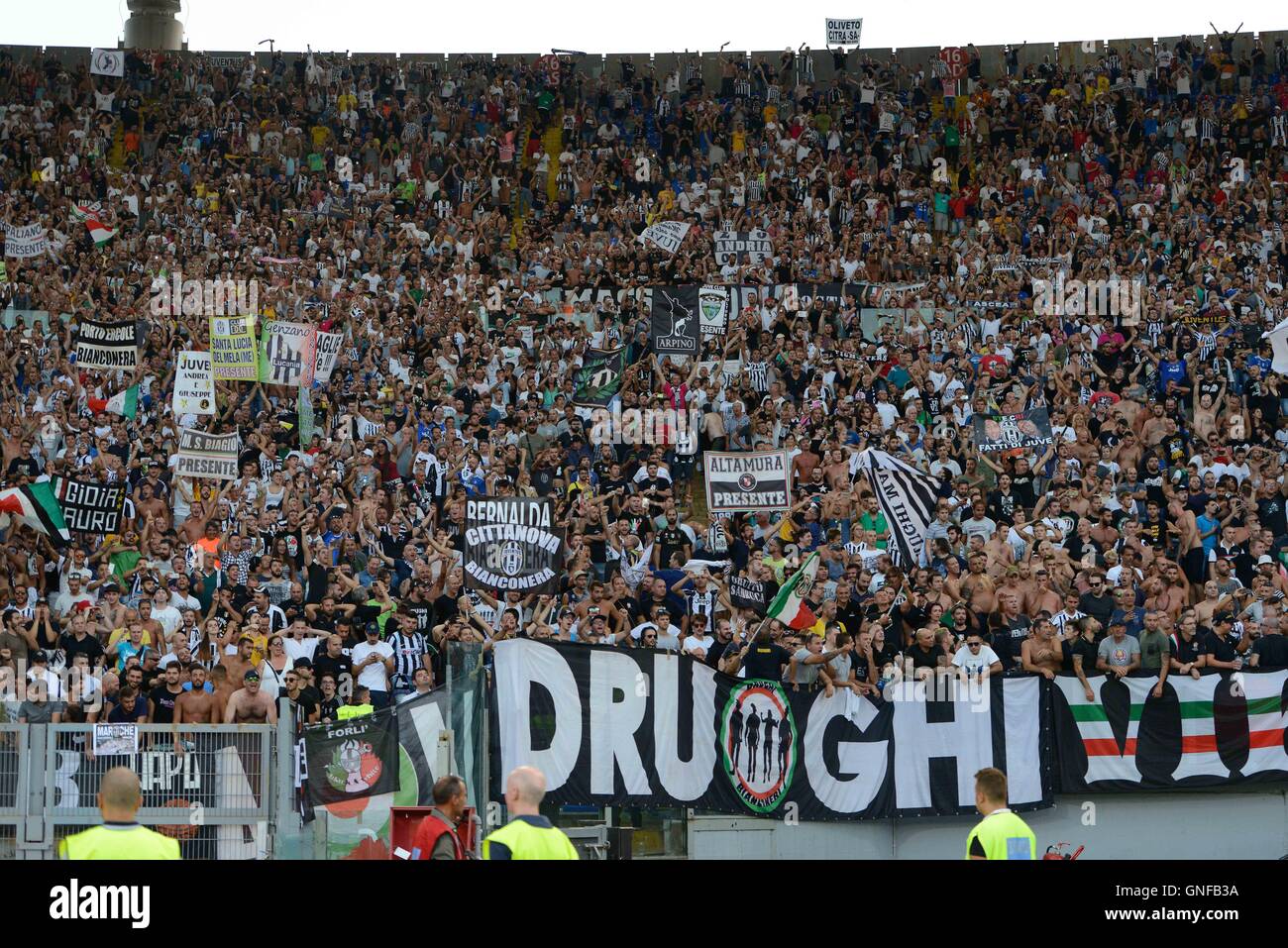 F.C. Juventus  supporters  during the Italian Serie A football match between S.S. Lazio and F.C. Juventus at the Olympic Stadium in Rome, on august 27, 2016. Stock Photo