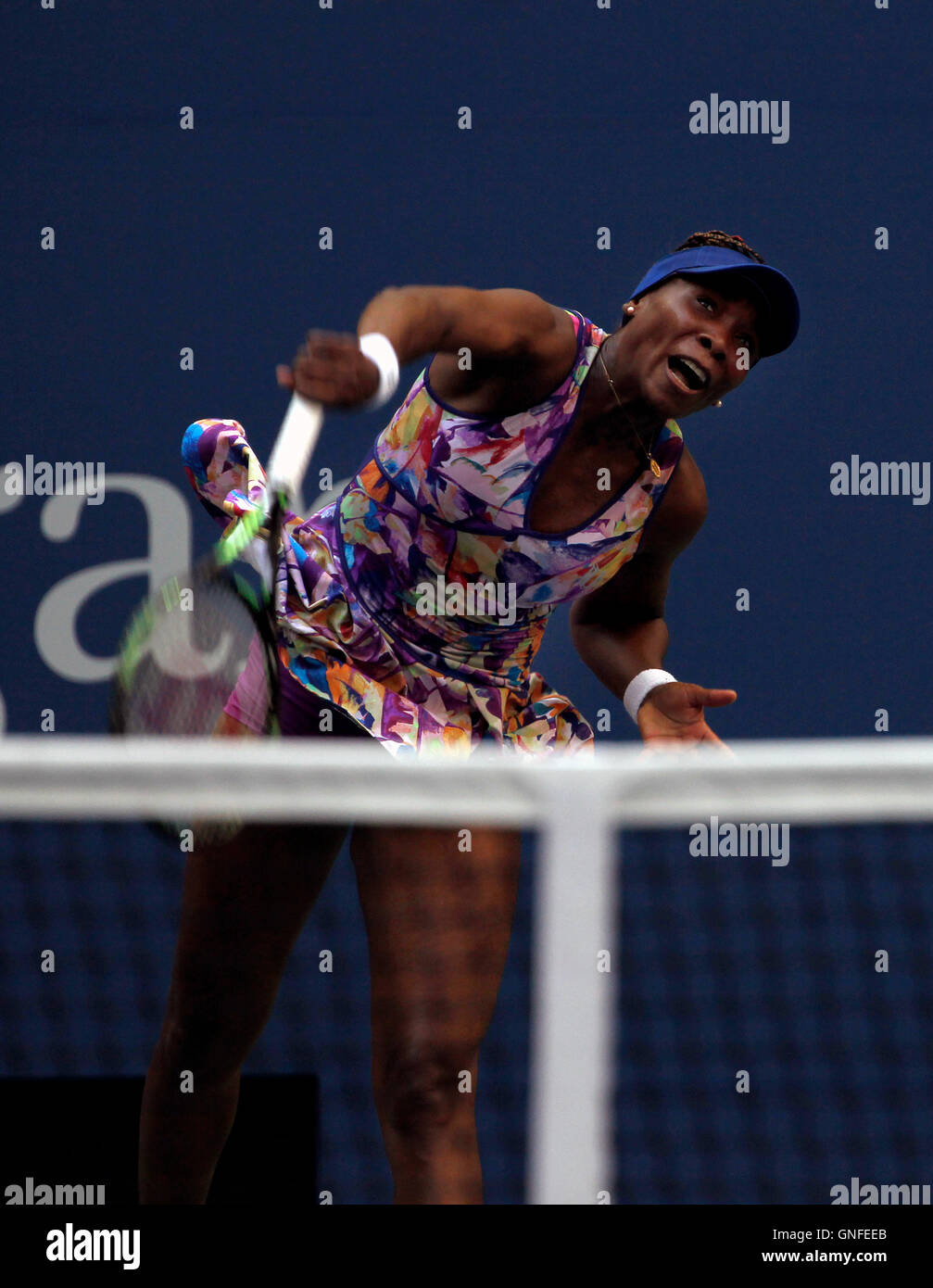 New York, USA. 30th Aug, 2016. Venus Williams serving during her first round match againstt Kateryna Kozlova of Ukraine at the United States Open Tennis Championships at Flushing Meadows, New York on Tuesday, August 30th.   Williams won the match in three sets. Credit:  Adam Stoltman/Alamy Live News Stock Photo