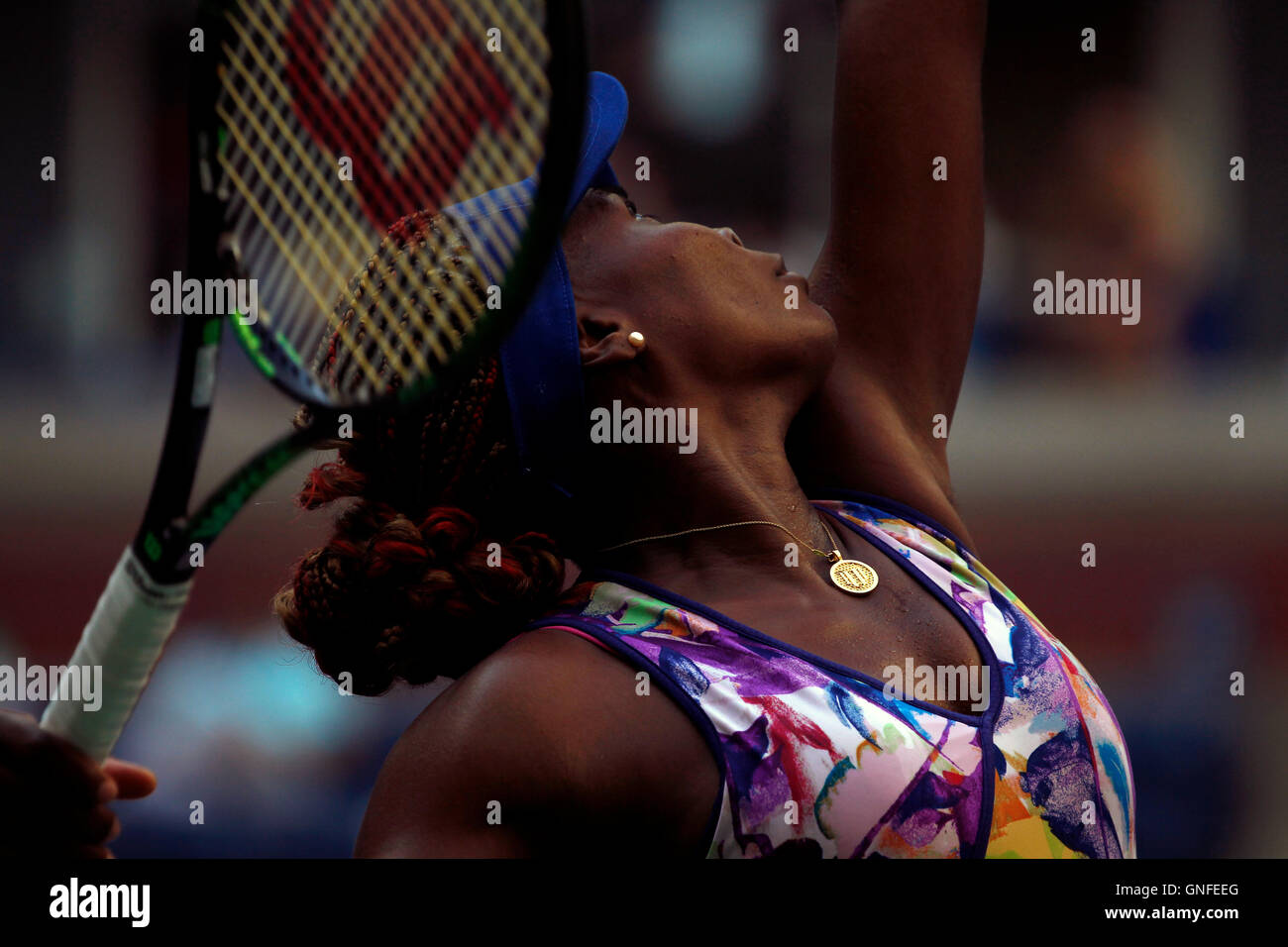 New York, USA. 30th Aug, 2016. Venus Williams serving during her first round match againstt Kateryna Kozlova of Ukraine at the United States Open Tennis Championships at Flushing Meadows, New York on Tuesday, August 30th.   Williams won the match in three sets. Credit:  Adam Stoltman/Alamy Live News Stock Photo