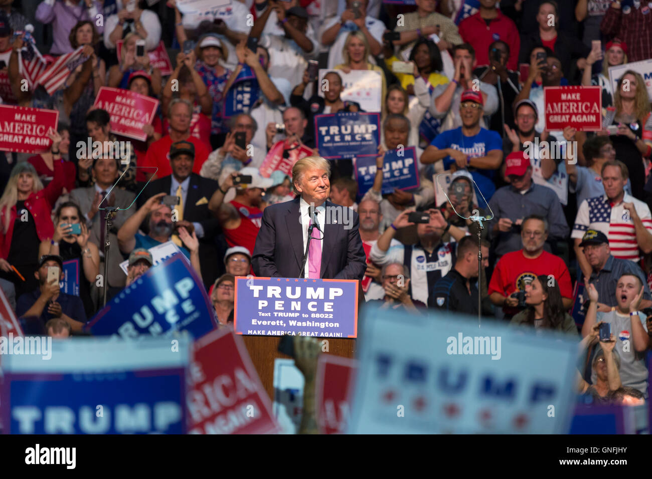Everett, Washington, USA. 30th August, 2016. Donald J. Trump speaks to supporters at his presidential rally at Xfinity Arena. He is the nominee of the  republican party for the  2016 presidential election. Credit:  Paul Gordon/Alamy Live News Stock Photo