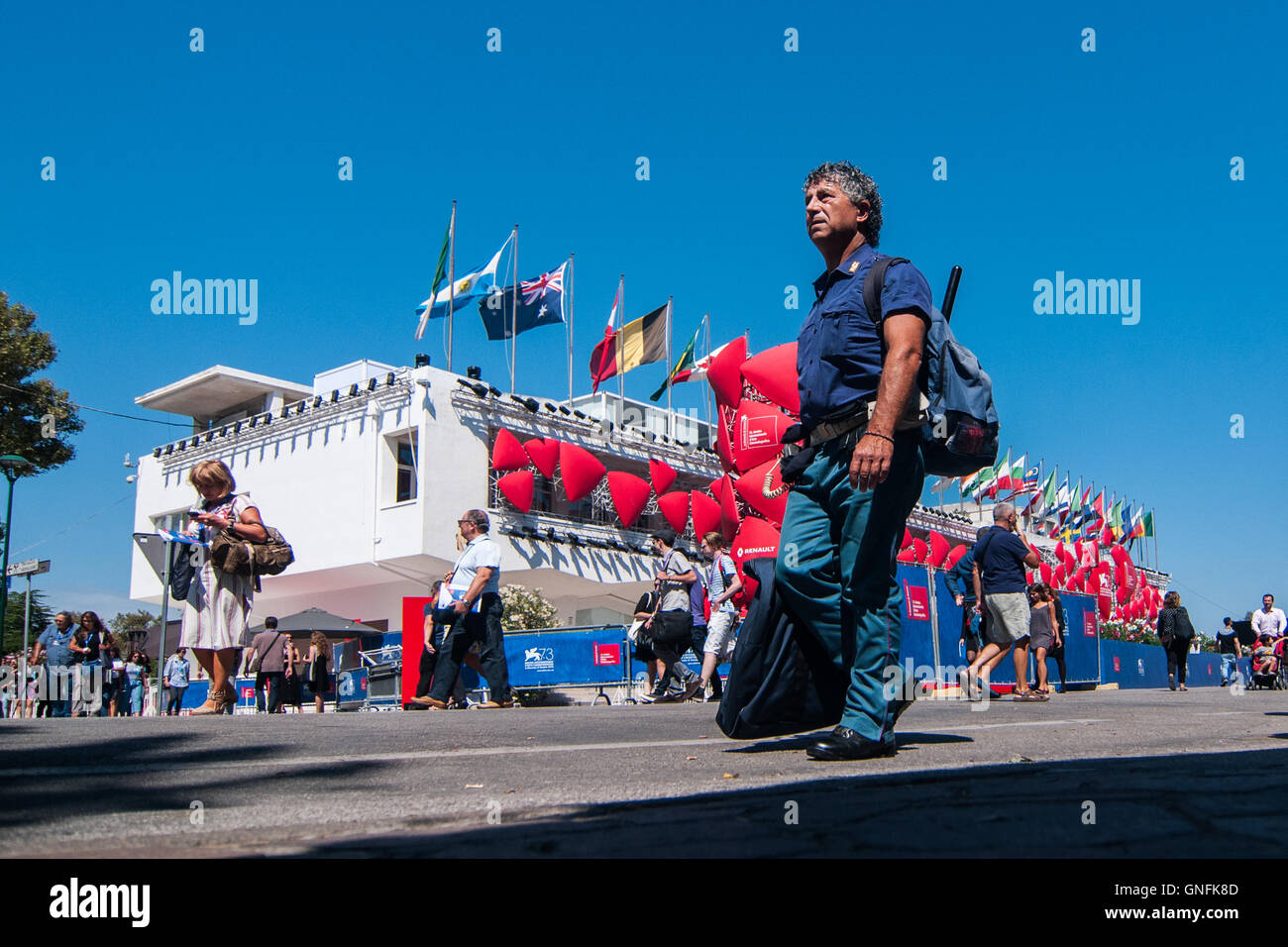 Venice, Italy. 31th August, 2016. A policeman arrives in the area of the red carpet of the 73rd Venice Film Festival. Credit:  Simone Padovani / Awakening / Alamy Live News Stock Photo