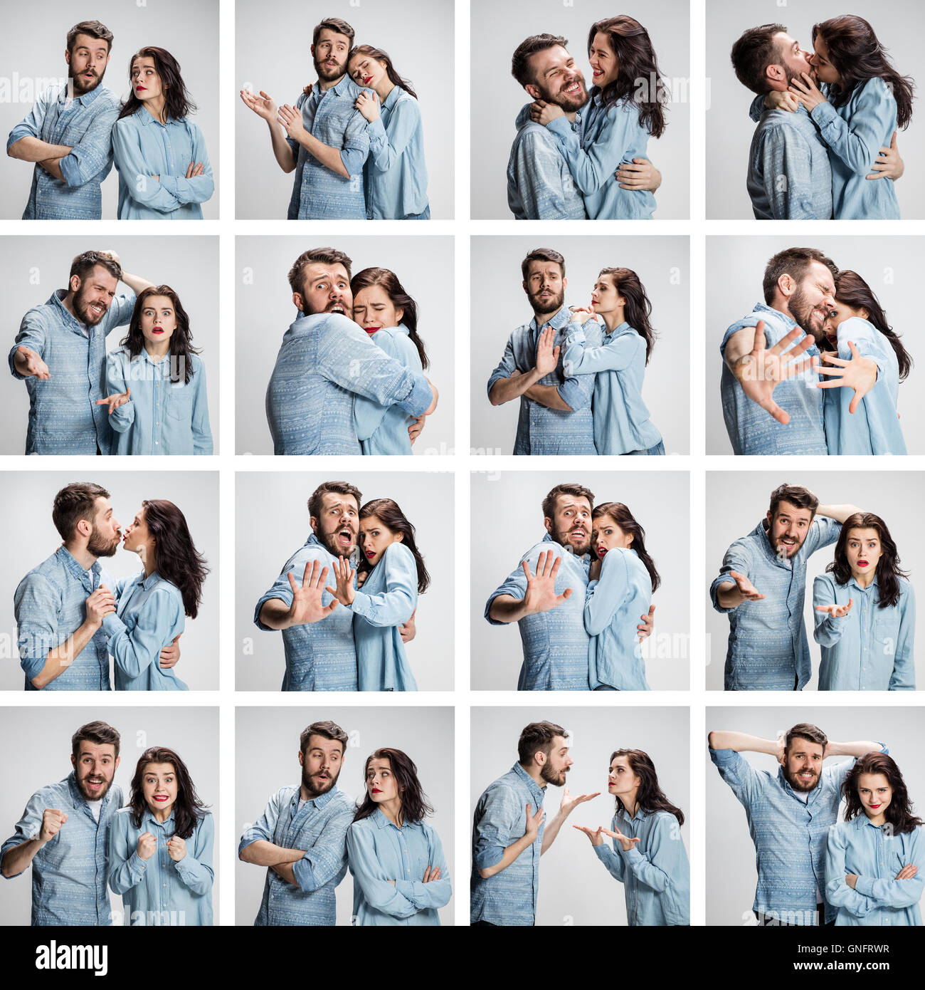 The collage from images of couple on gray background Stock Photo Alamy