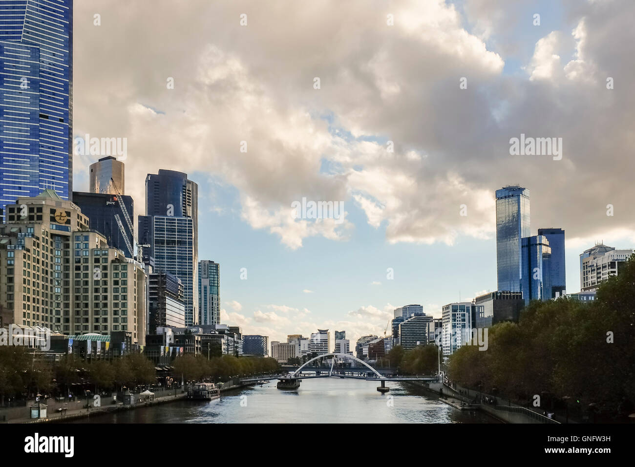 Yarra River and Melbourne skyline at sunset, Melbourne, Australia, view from Princes Bridge Stock Photo