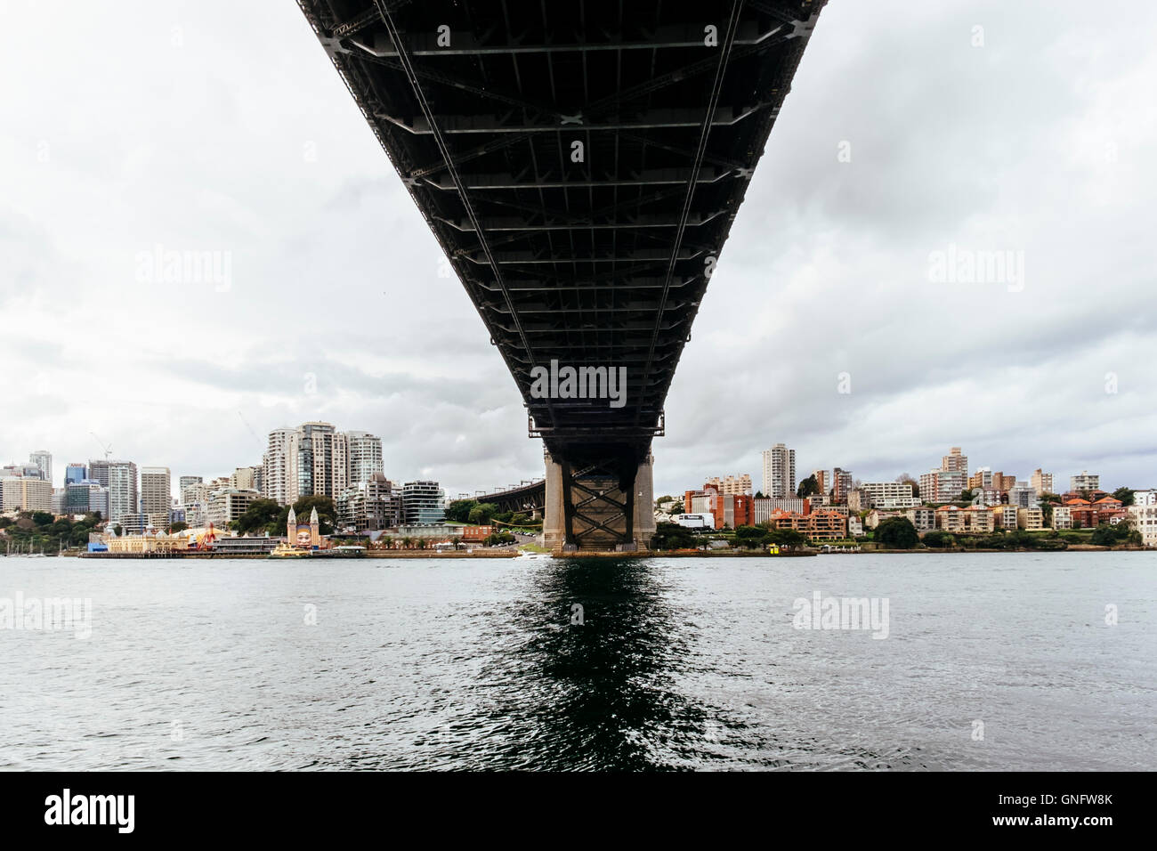 Underneath Sydney Harbour Bridge on a cloudy day, Sydney, New South Wales, Australia Stock Photo