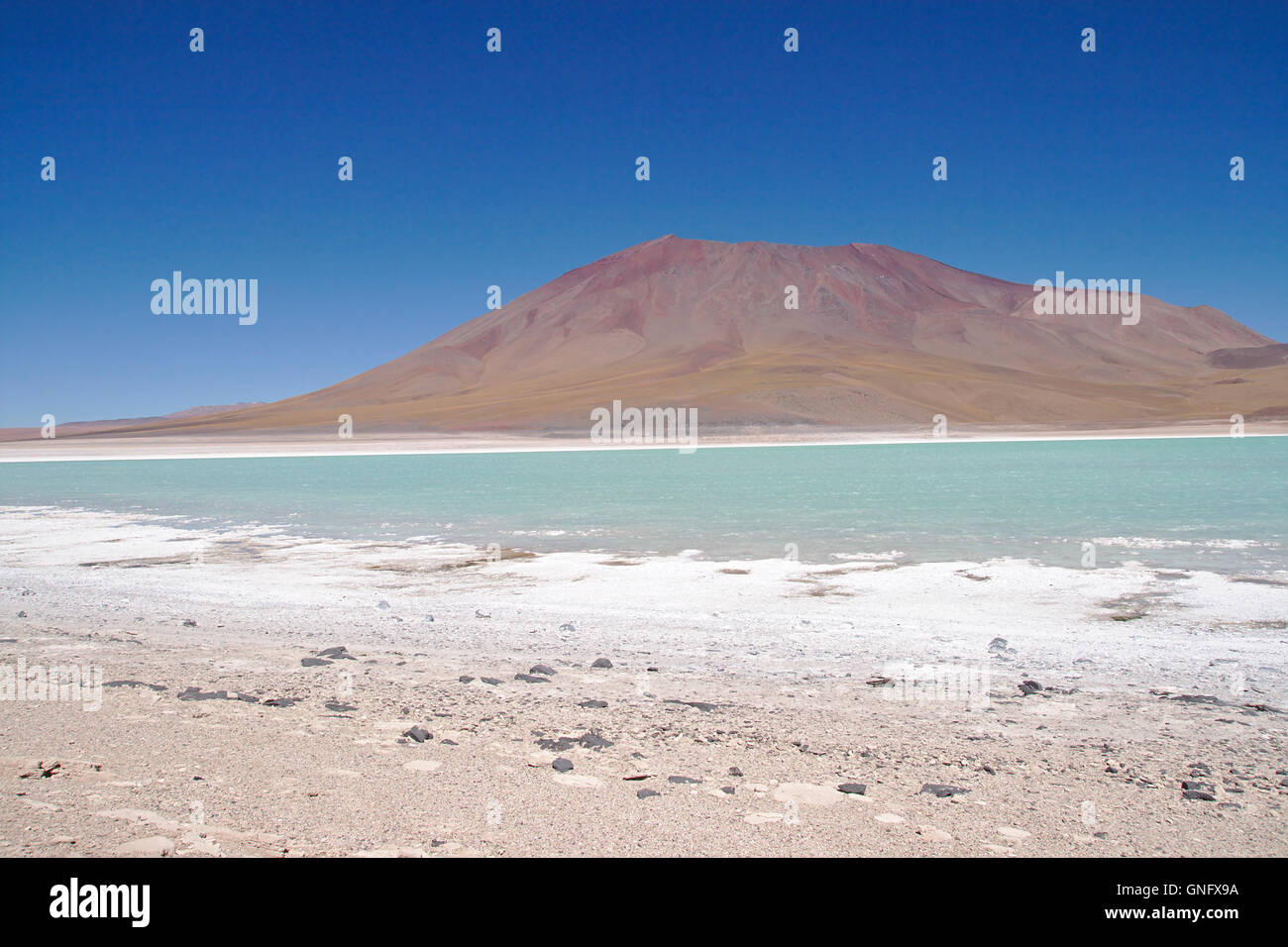Laguna Verde (Green Lake) with salt playa and Juriques volcano, Bolivia Stock Photo