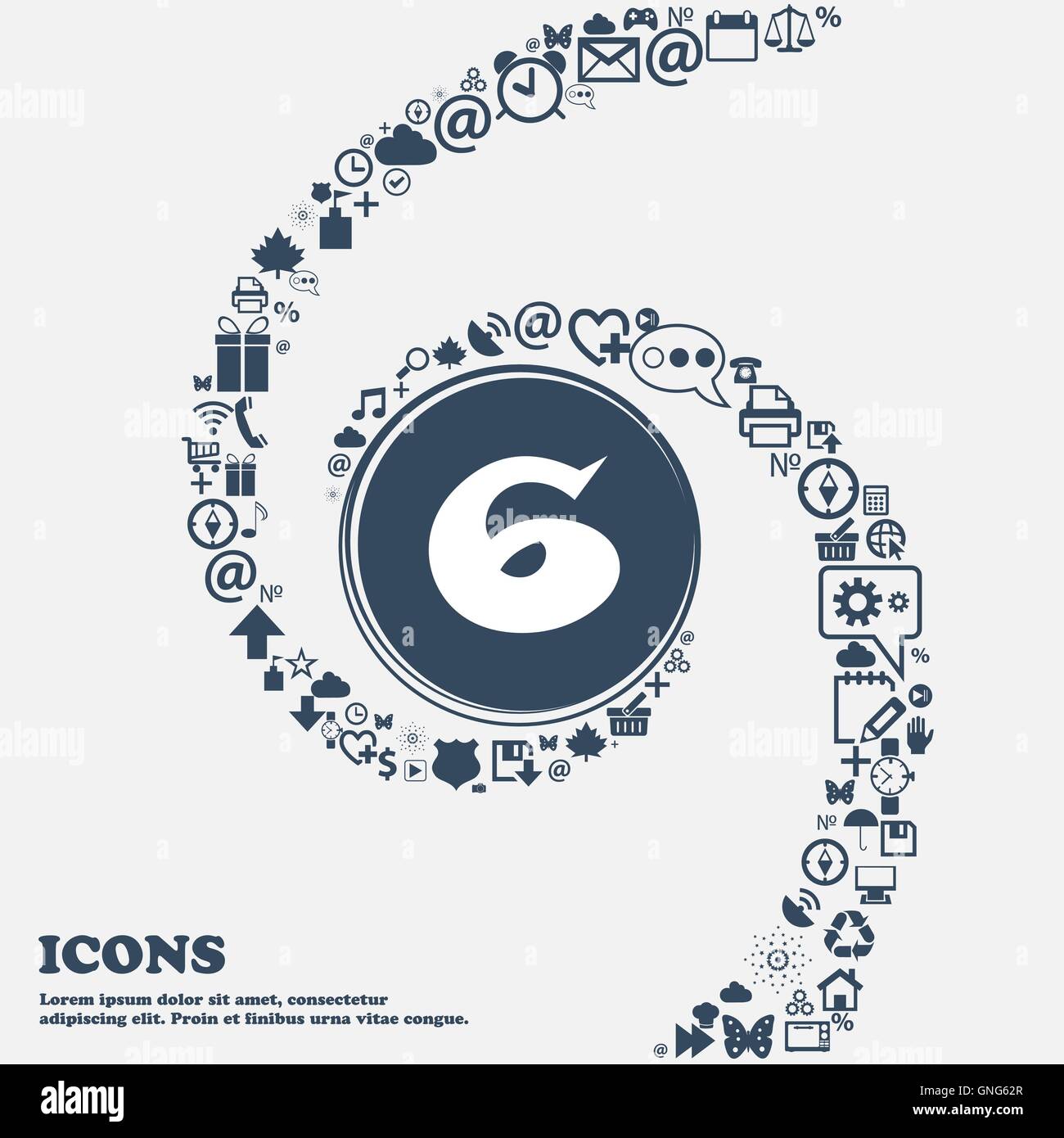 number six icon sign in the center. Around the many beautiful symbols ...