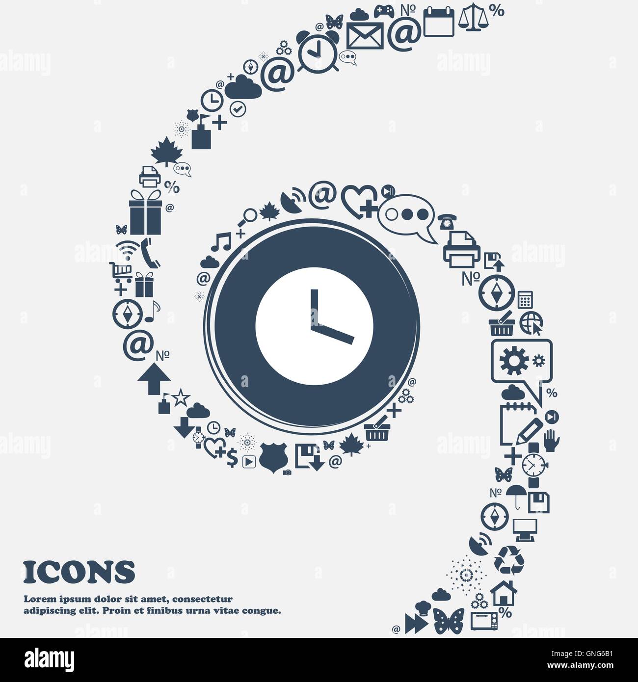 Mechanical Clock icon sign in the center. Around the many beautiful symbols twisted in a spiral. You can use each separately for Stock Vector