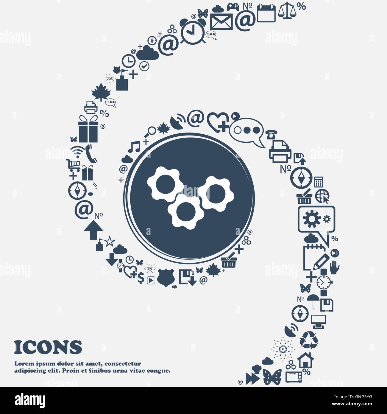 gears sign icon in the center. Around the many beautiful symbols twisted in a spiral. You can use each separately for your desig Stock Vector