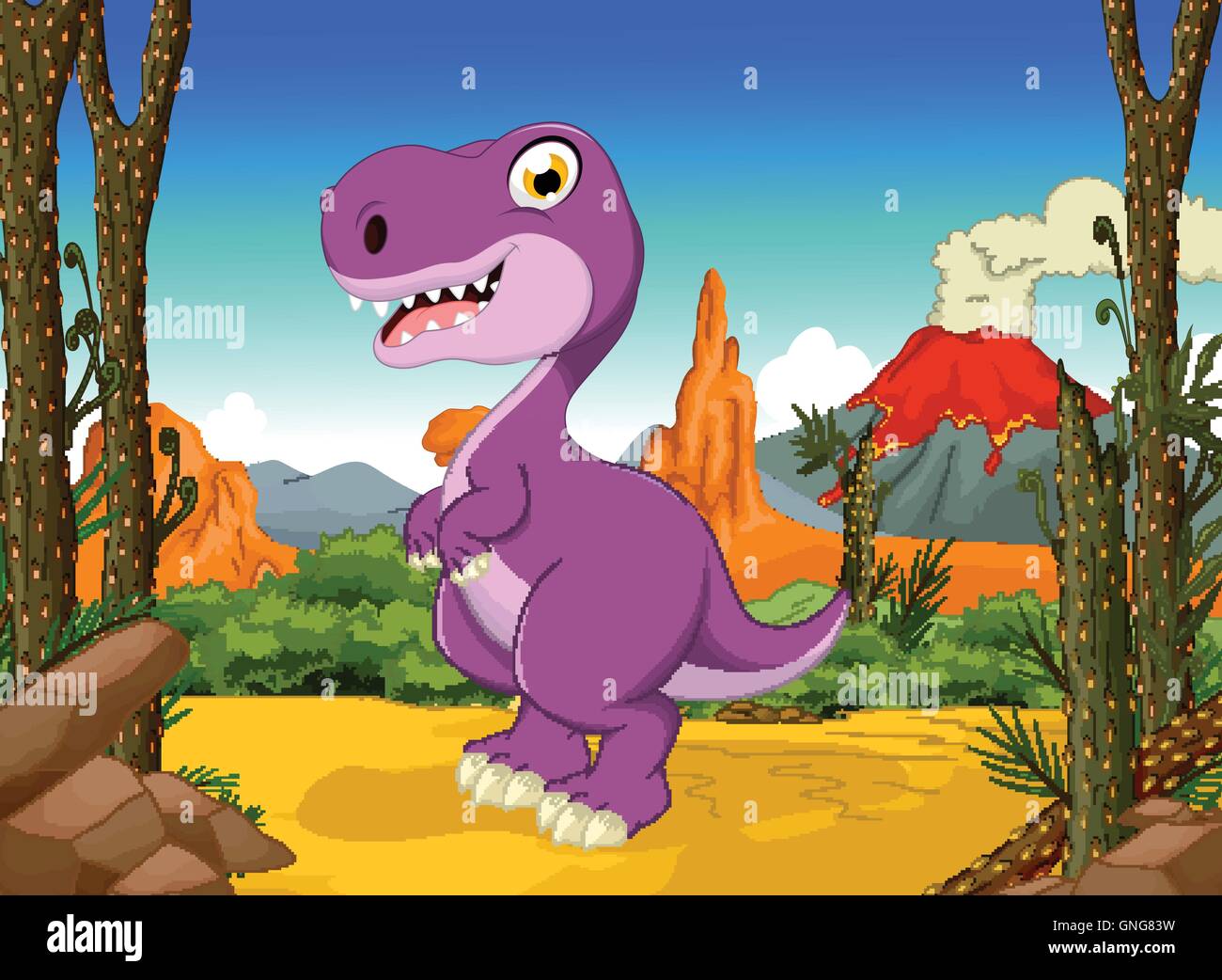 funny tyrannosaurs cartoon with volcano landscape background Stock Vector