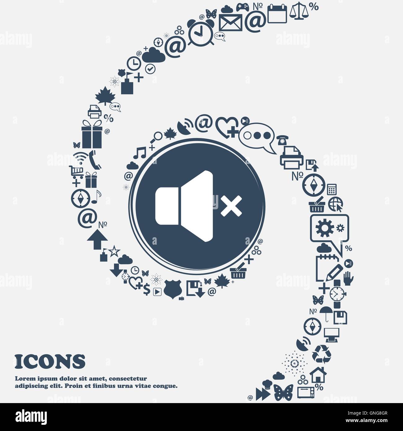 No Volume icon in the center. Around the many beautiful symbols twisted in a spiral. You can use each separately for your design Stock Vector