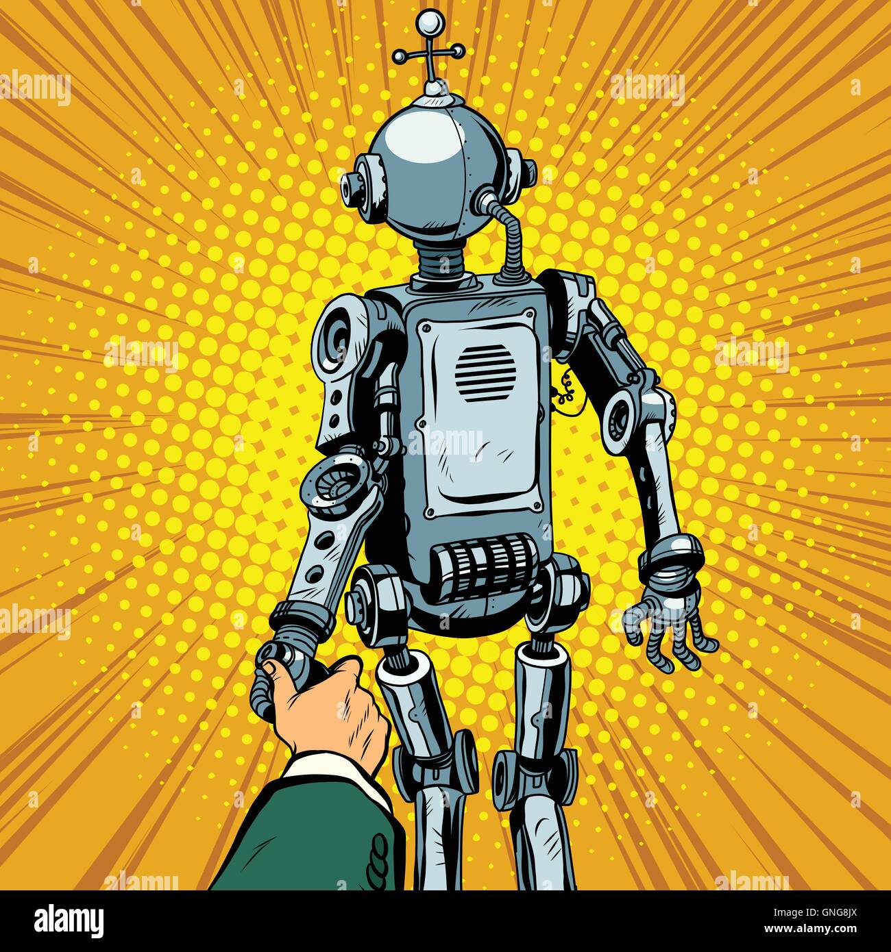 Follow me, the robot leads us forward Stock Vector