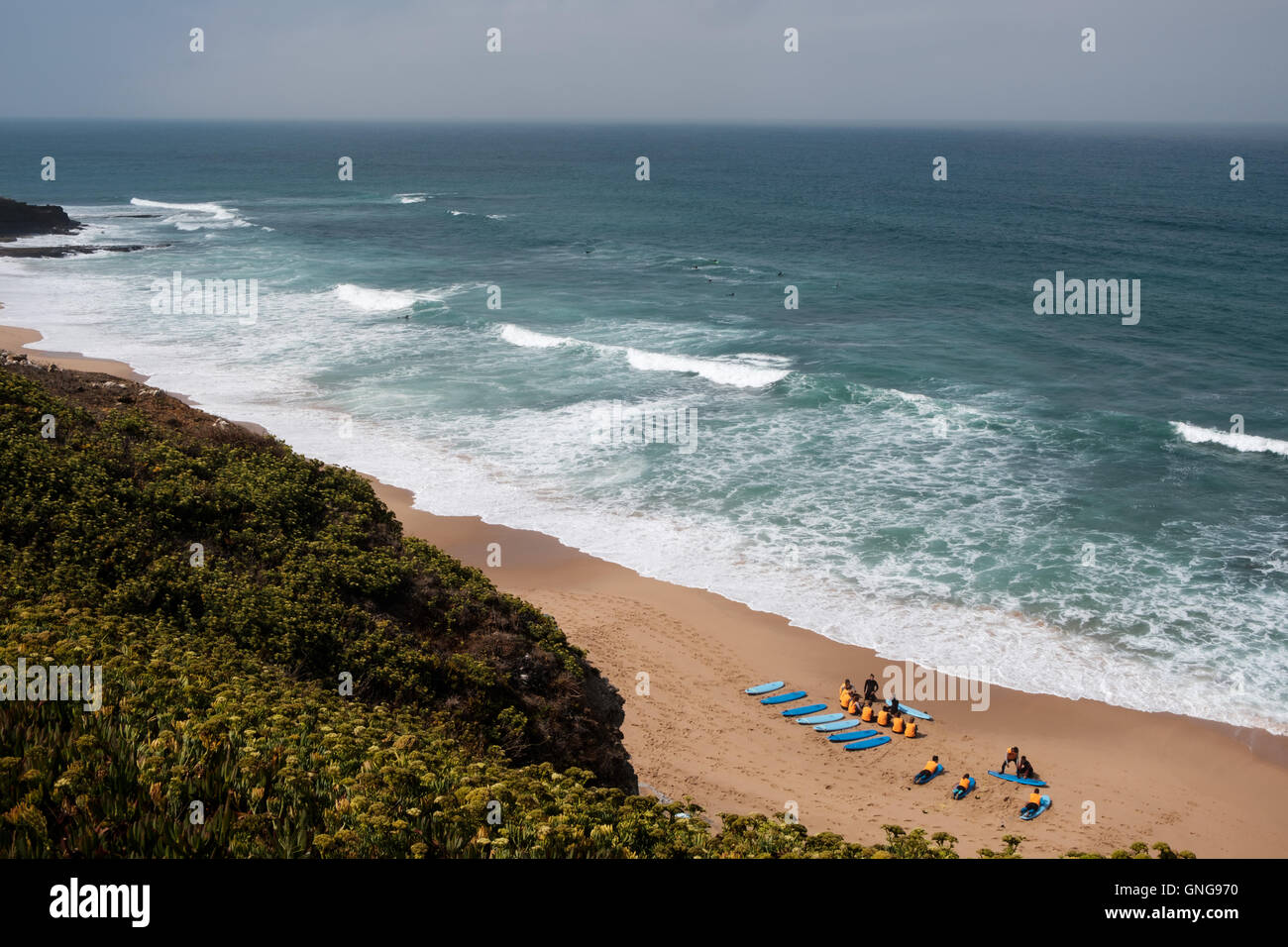 Surf school on the beach at Ericeira, Portugal Stock Photo