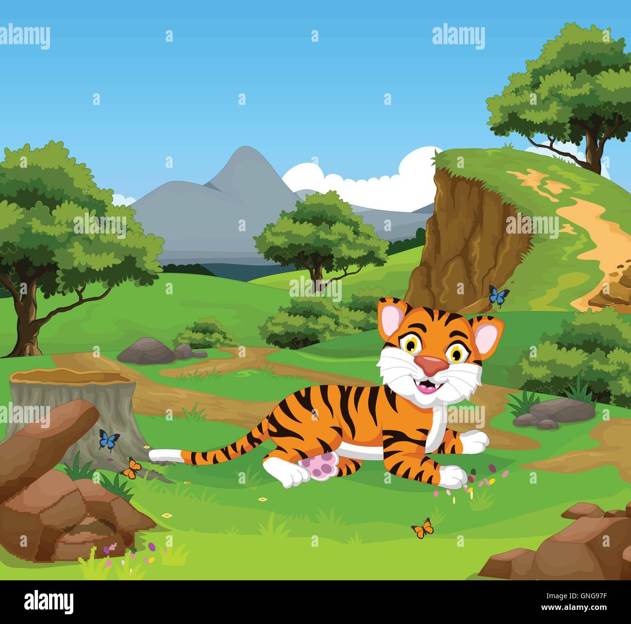 funny baby tiger cartoon in the jungle with landscape background ...