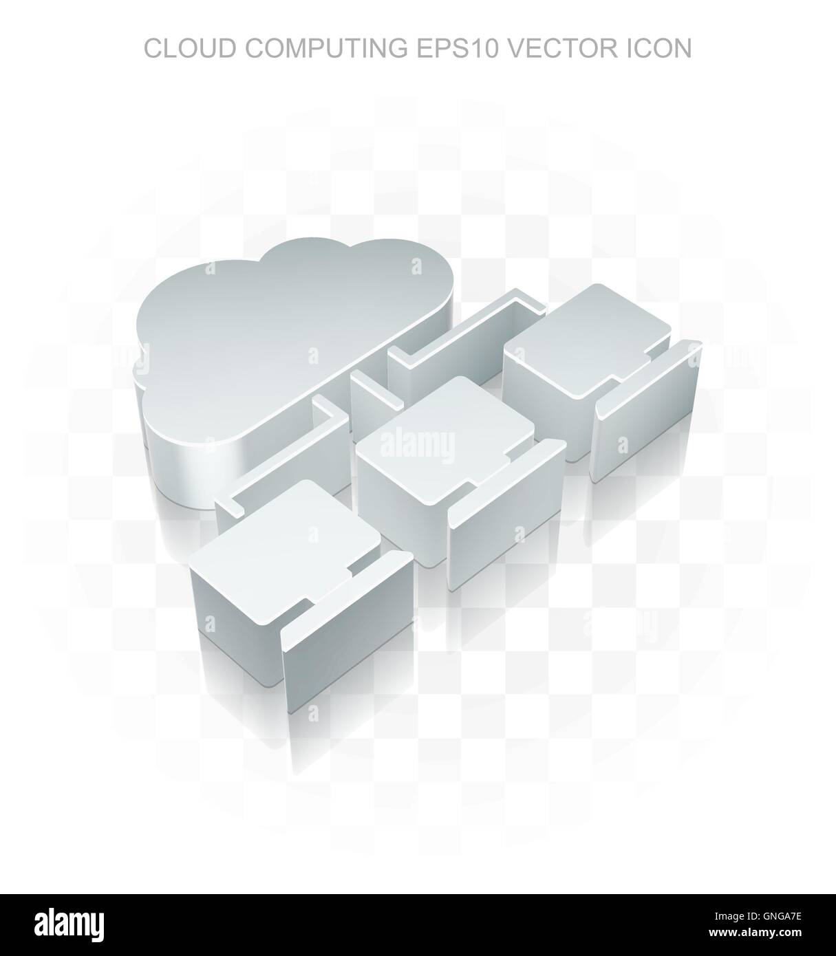 Cloud networking icon: Flat metallic 3d Cloud Network, transparent shadow EPS 10 vector. Stock Vector