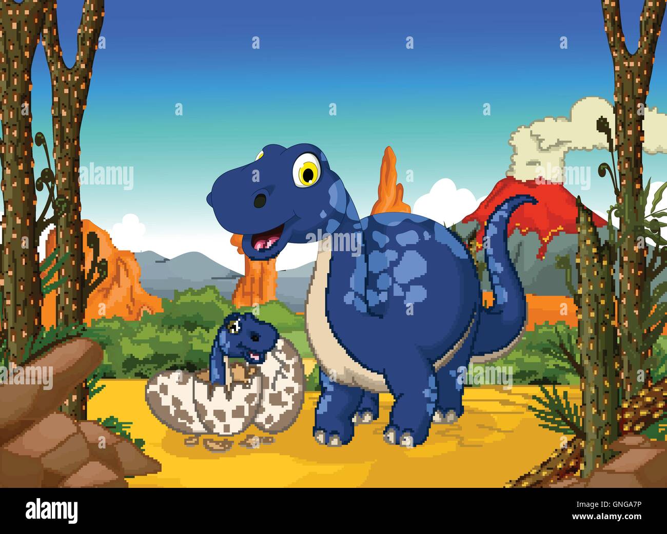 funny dinosaur cartoon with her baby in the jungle Stock Vector
