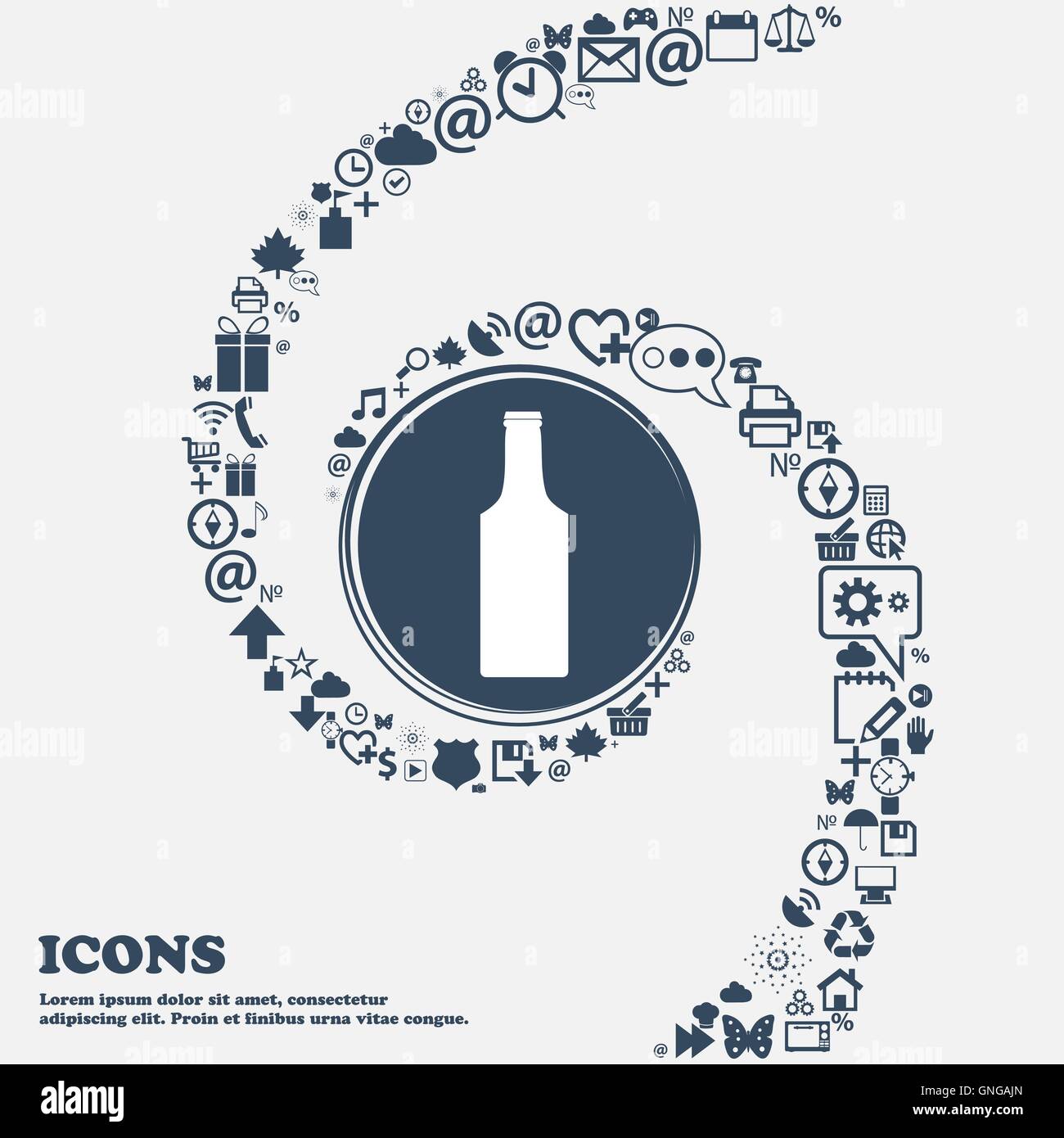 bottle icon sign in the center. Around the many beautiful symbols twisted in a spiral. You can use each separately for your desi Stock Vector