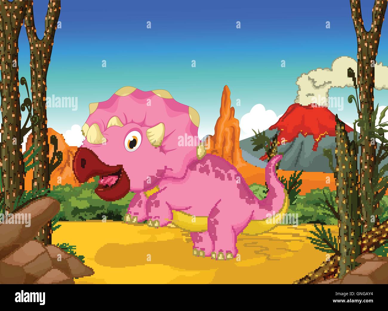 cute dinosaur cartoon running in the jungle landscape background Stock Vector