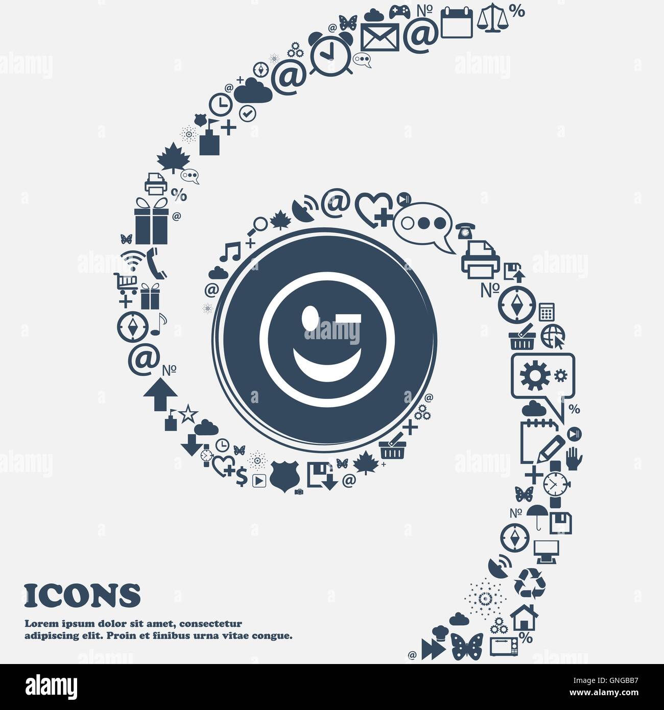 Winking Face icon sign in the center. Around the many beautiful symbols twisted in a spiral. You can use each separately for you Stock Vector