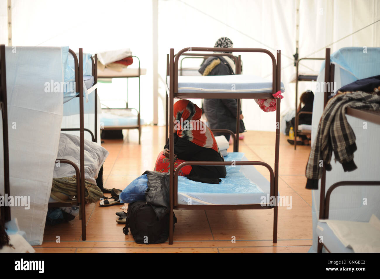 'Improvised refugee shelter in the youth camp ''The Tent'' in Munich, 2014' Stock Photo