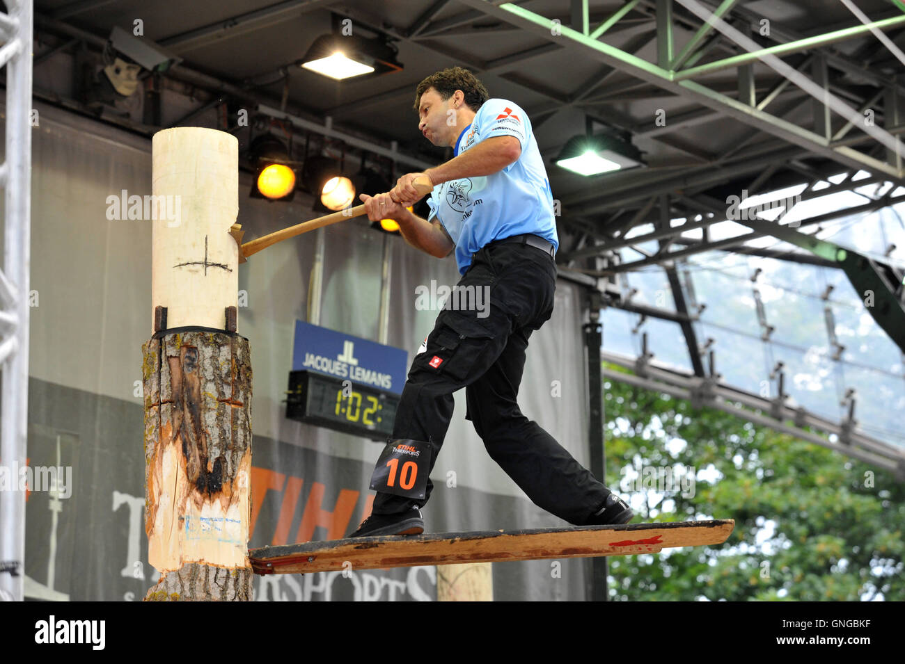 German championship of lumberjack athletes in the munich olympic stadium hires stock