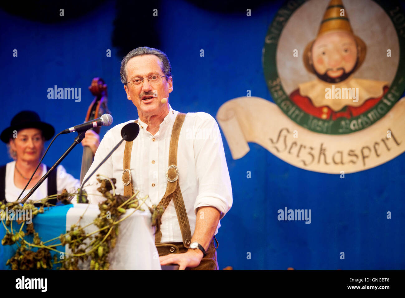 'Uli Bauer at the tapping in the ''Herzkasperlzelt'' during the Munich Oktoberfest, 2014' Stock Photo