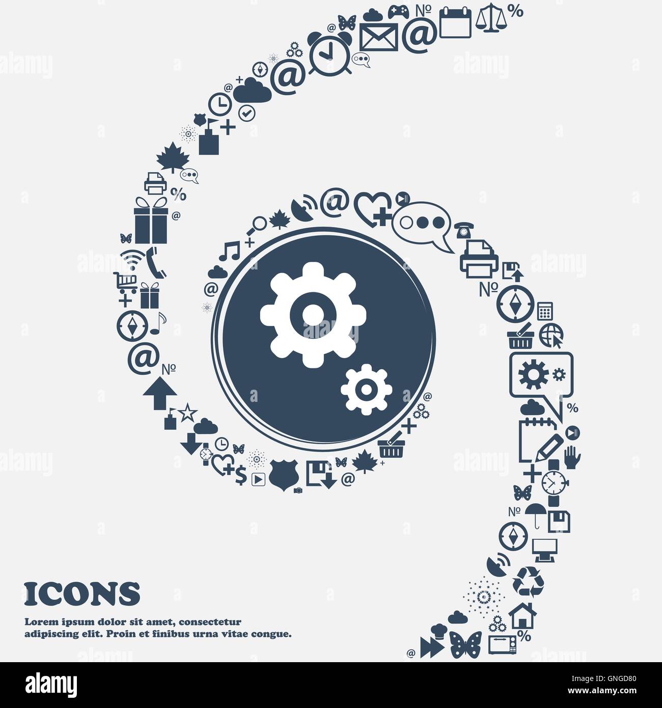 gears icon in the center. Around the many beautiful symbols twisted in a spiral. You can use each separately for your design. Ve Stock Vector