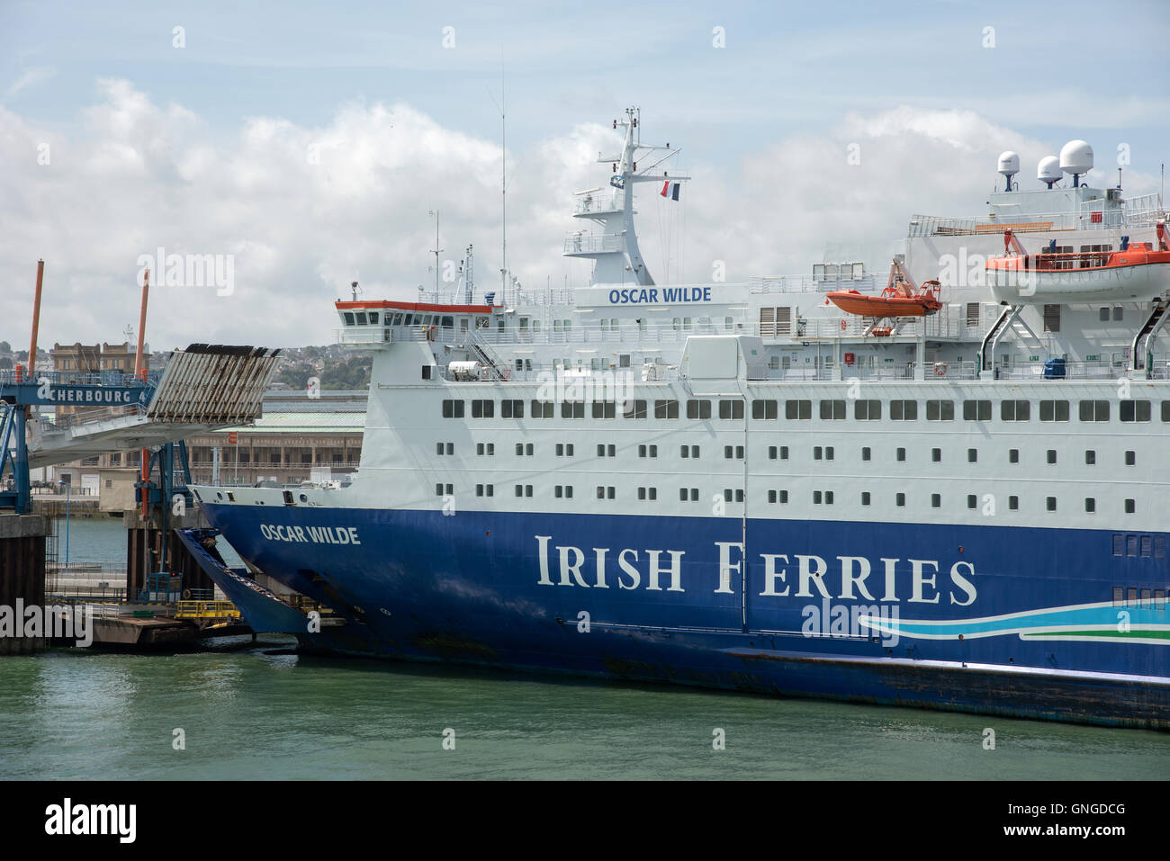 Irish Ferries vessel Oscar Wilde alongside in Cherbourg Harbour northern France Stock Photo