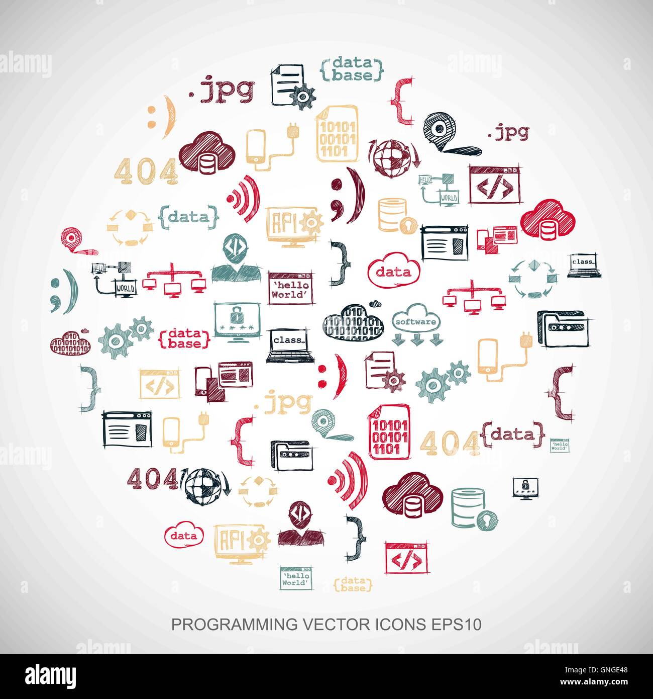 Multicolor doodles Hand Drawn Programming Icons set on White. EPS10 ...