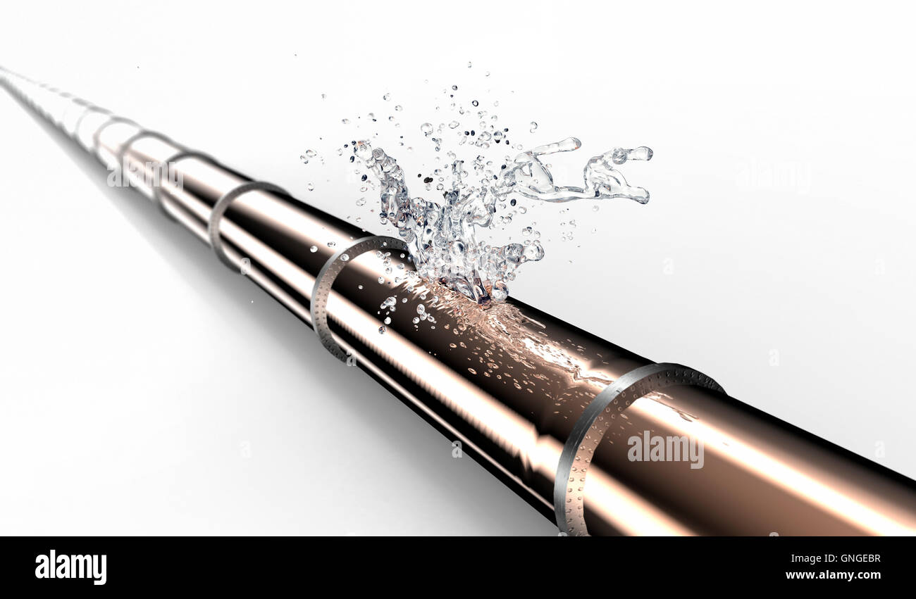 bursted copper pipe with water leaking out, 3d illustration Stock Photo