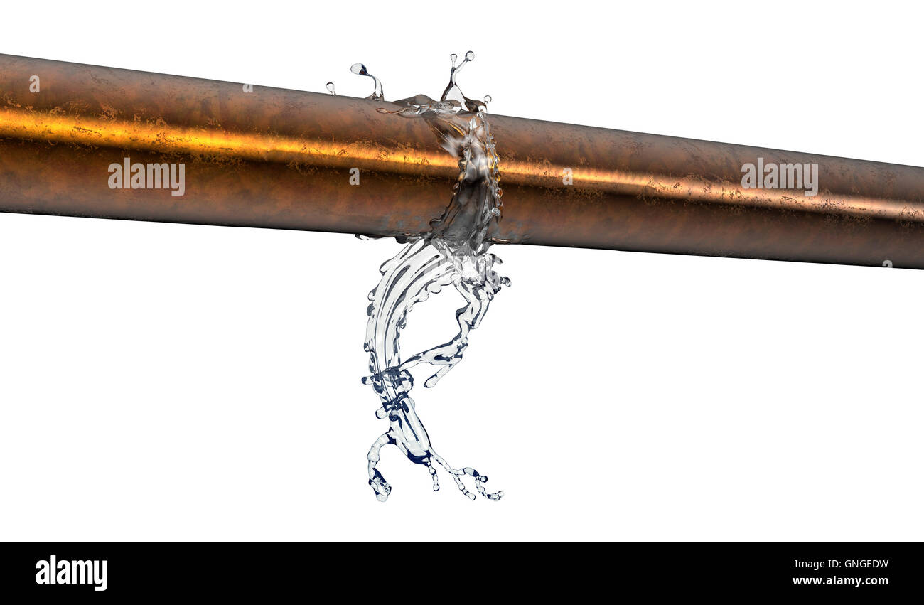 bursted copper pipe with water leaking out, 3d illustration Stock Photo