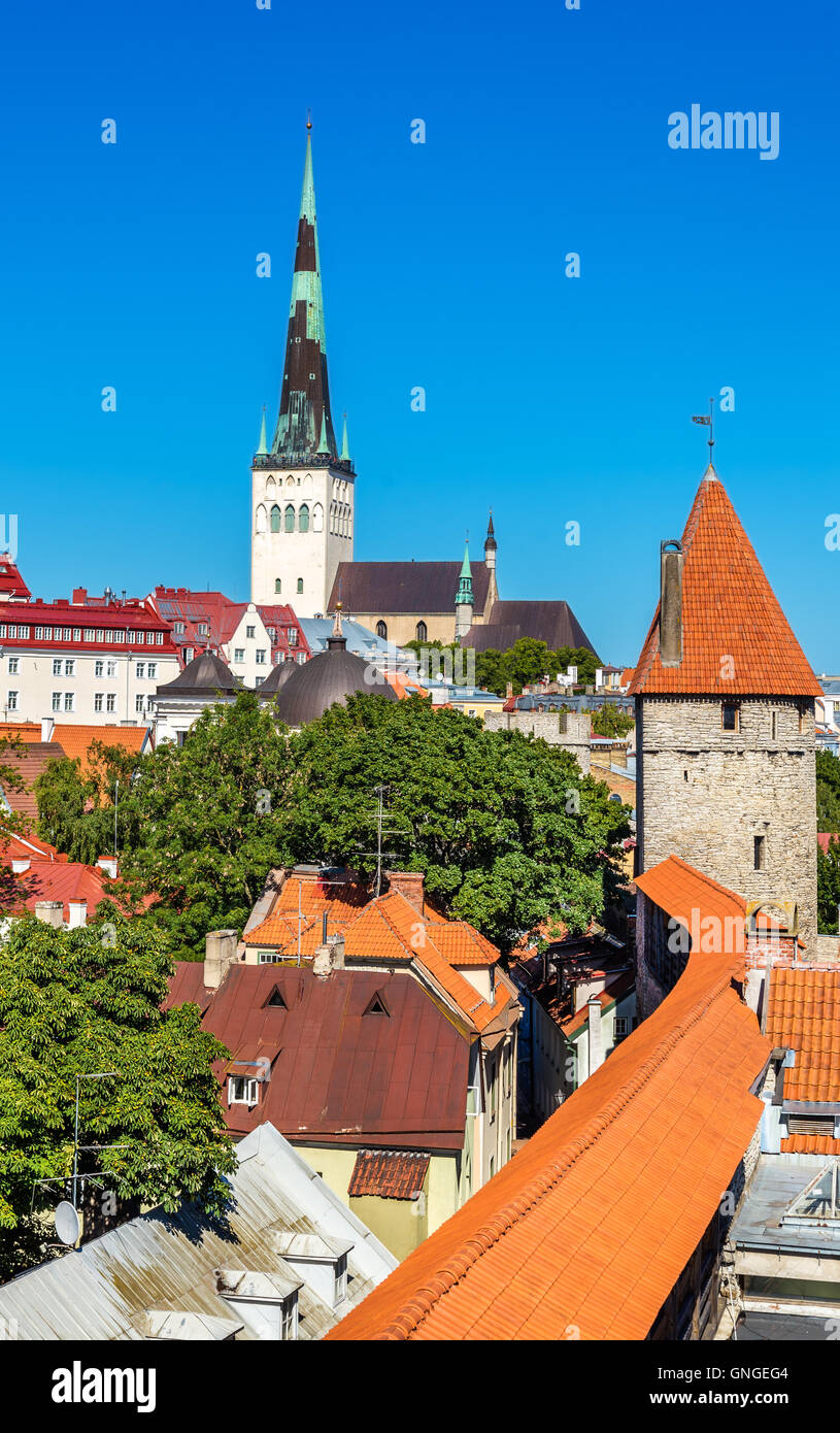View of St. Olaf Church and city walls of Tallinn - Estonia Stock Photo